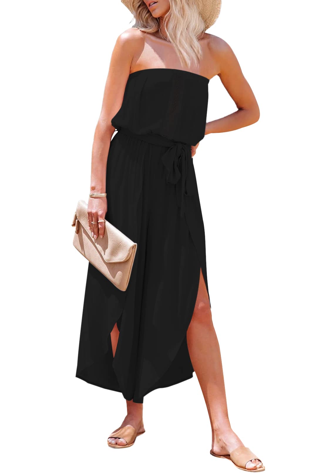 Meenew Women's Strapless Flowy Jumpsuit - Tube Top Wide Leg Romper with Adjustable Belt | Summer Beach Wedding, Vacation Outfit, Boho Chic Fashion