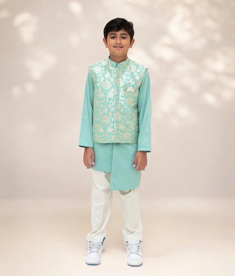 Pre Order: Elegant Green Brocade Jacket with Kurta & Pant Set | Traditional Indian Outfit for Weddings & Festivals