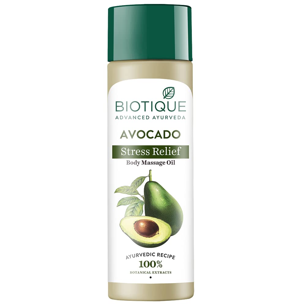 Biotique Cado Stress Relief Avocado Body Massage Oil - 100% Natural Botanical Extracts for Dry Skin Hydration & Relaxation | Suitable for All Skin Types | 200ml | Perfect for Spa, Aromatherapy & Home Relaxation