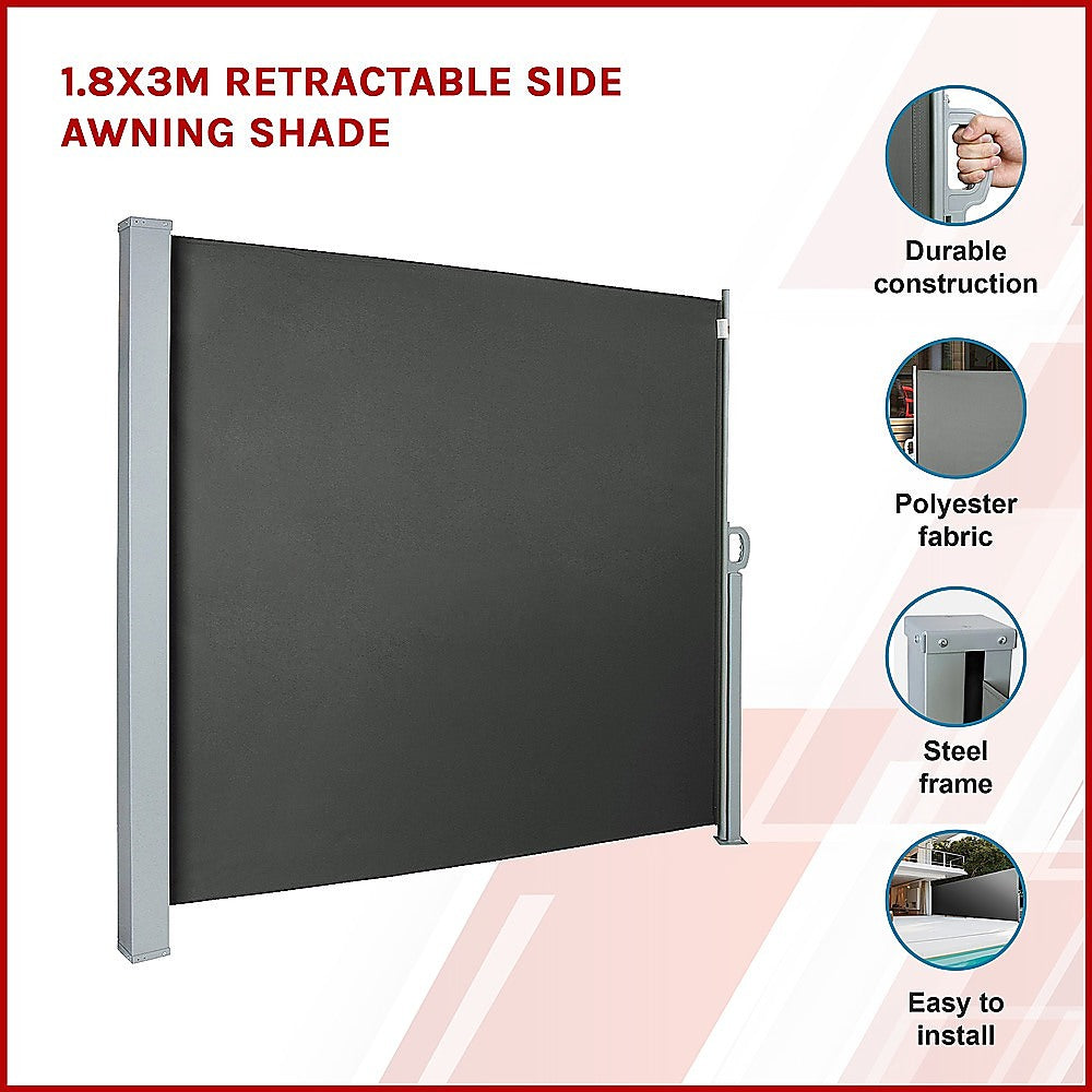 1.8X3M Retractable Side Awning Shade - Outdoor Patio Sun Protection for Deck, Garden, and RV Camping