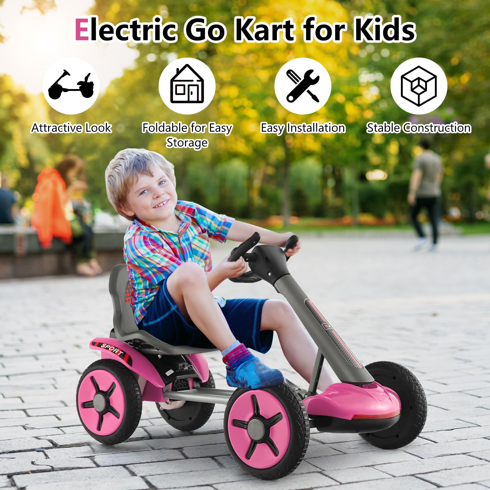 OLAKIDS 12V Electric Go Kart for Kids Ages 2-5 - Adjustable Seat, Steering Wheel & Folding Wheels with LED Lights & Detachable Cup Holder - Pink Ride On Car for Boys & Girls | Perfect for Backyard Play, Birthday Gifts & Outdoor Family Fun