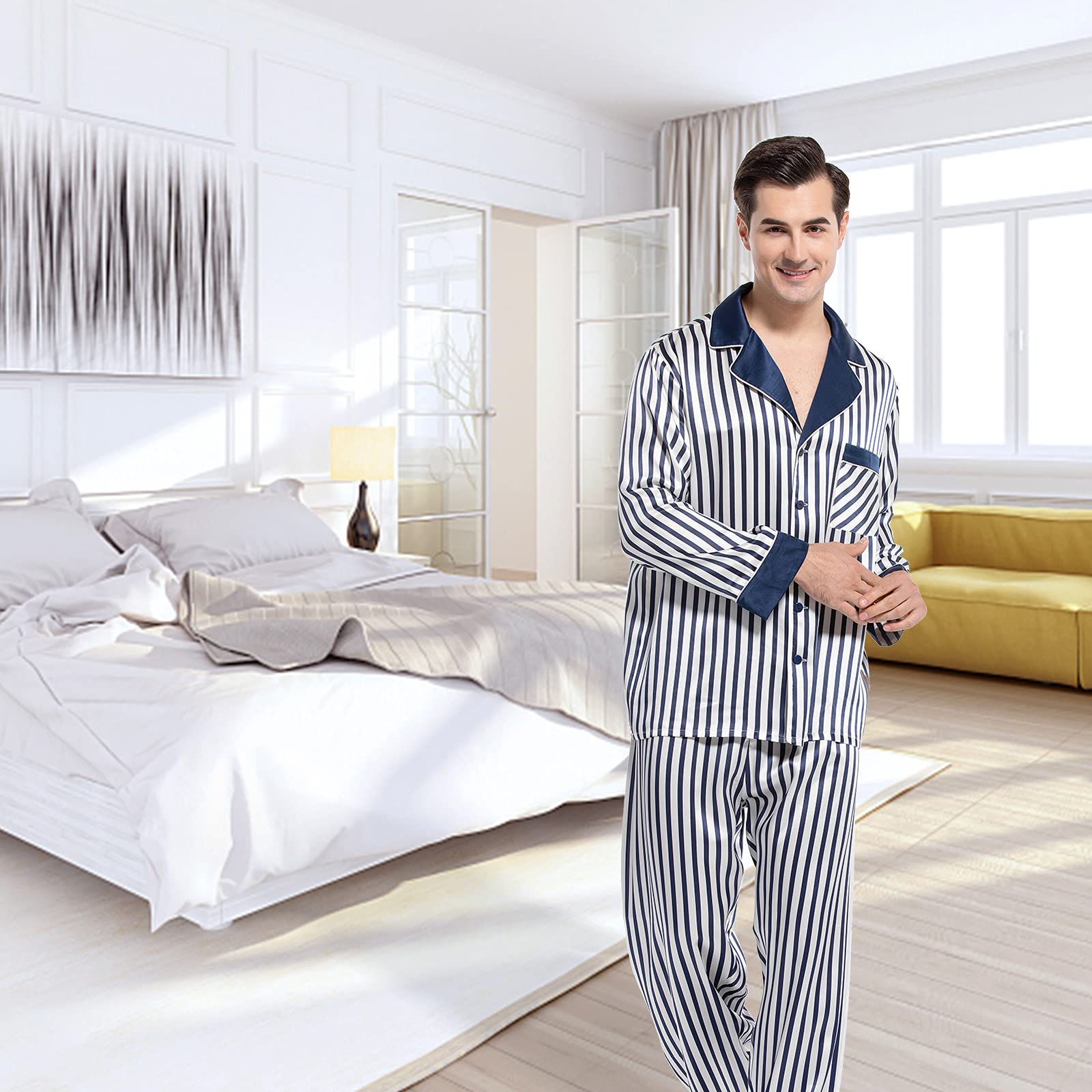 Luxury Men's Silk Pajama Set - 2PC Long Sleeve Button Down Sleepwear for Men | Soft & Breathable Silk PJs for Lounge, Travel & Gift Giving