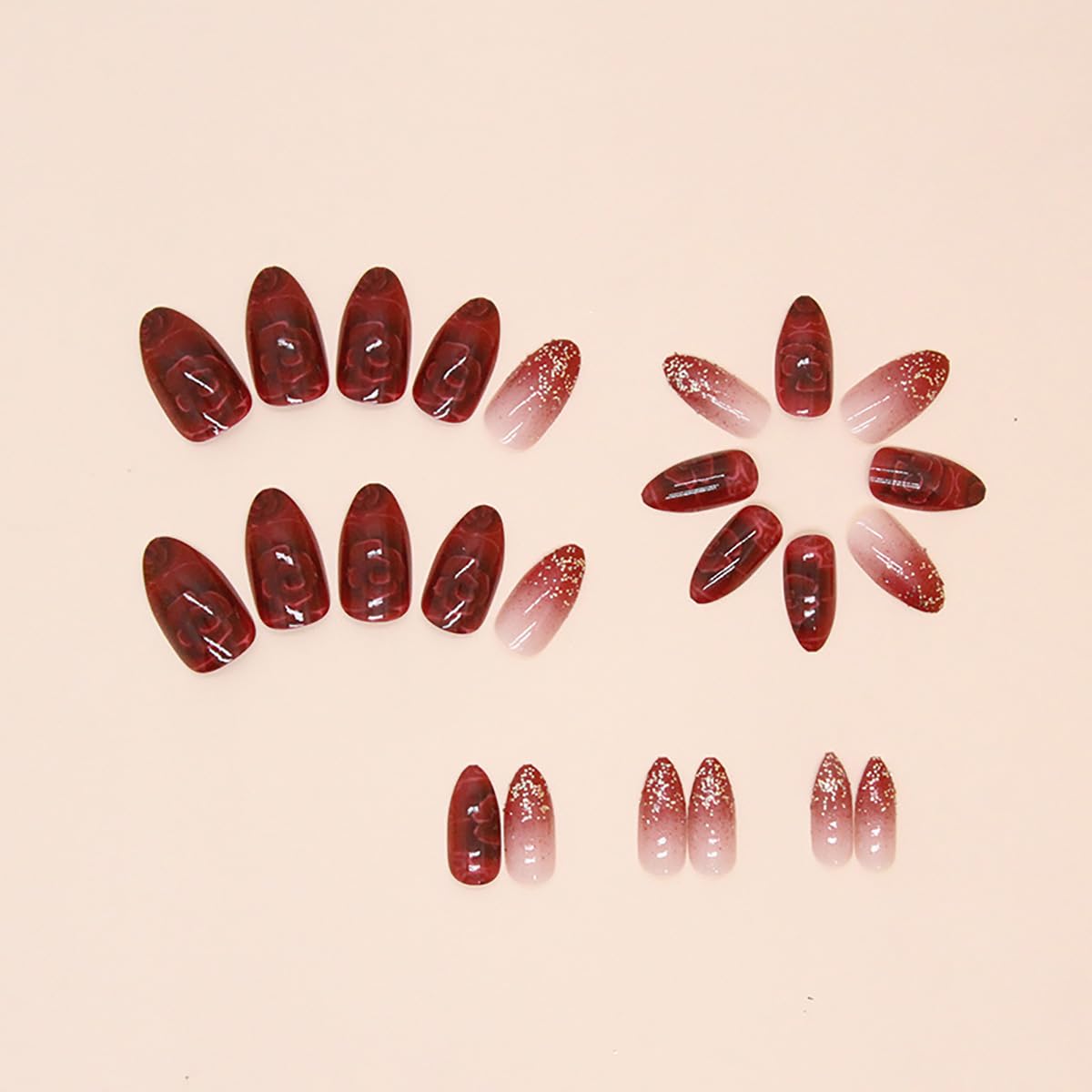 24Pcs Short Almond Press on Nails - Red Glitter Sequins Flower Design with Glue - Full Cover Acrylic Fake Nails for Women - Perfect for Parties, Weddings & Everyday Manicure Decorations