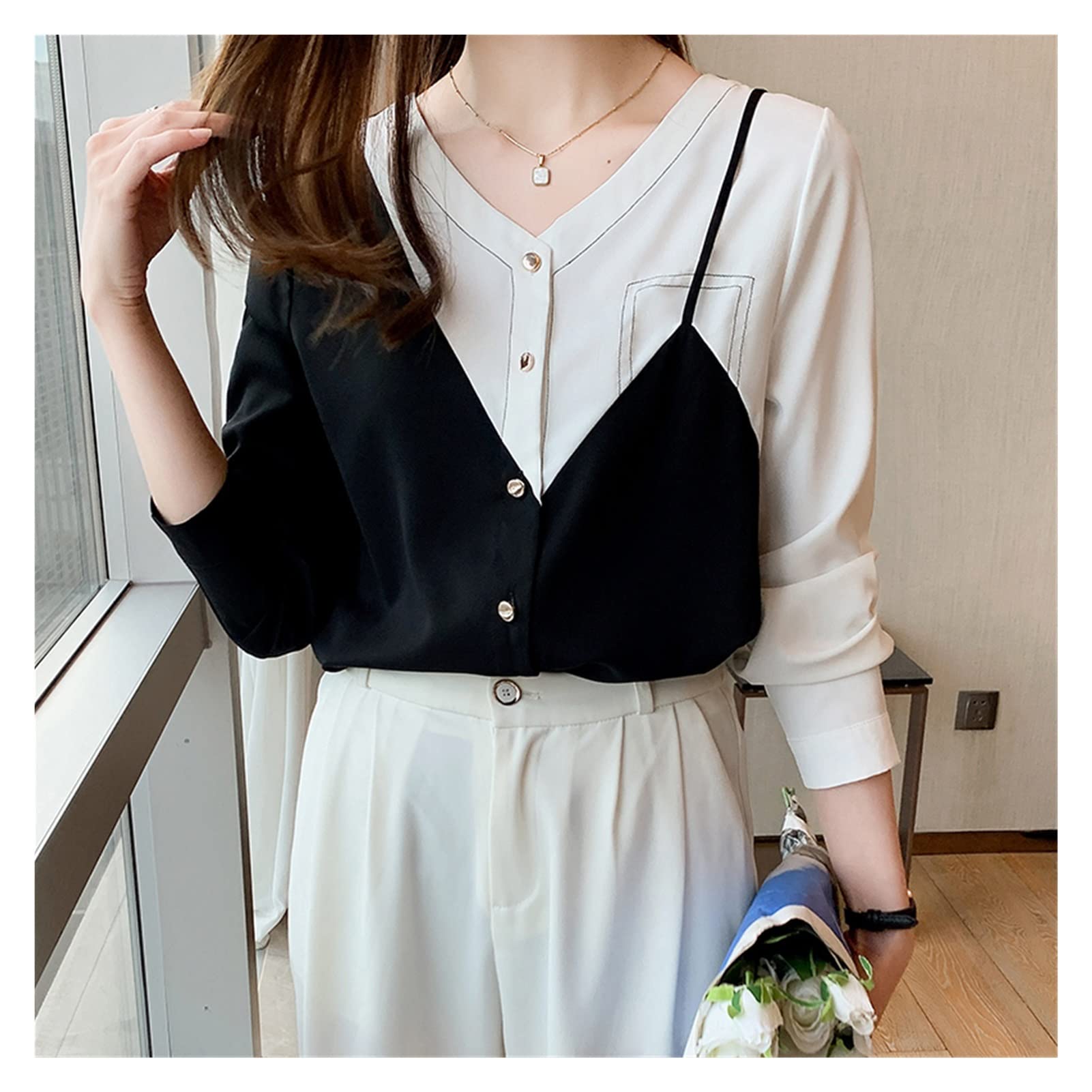 Elegant Spring Long Sleeve V-Neck Chiffon Blouse for Women - Flowy Tops in Size M (Color A) | Perfect for Office Wear, Date Nights & Special Occasions