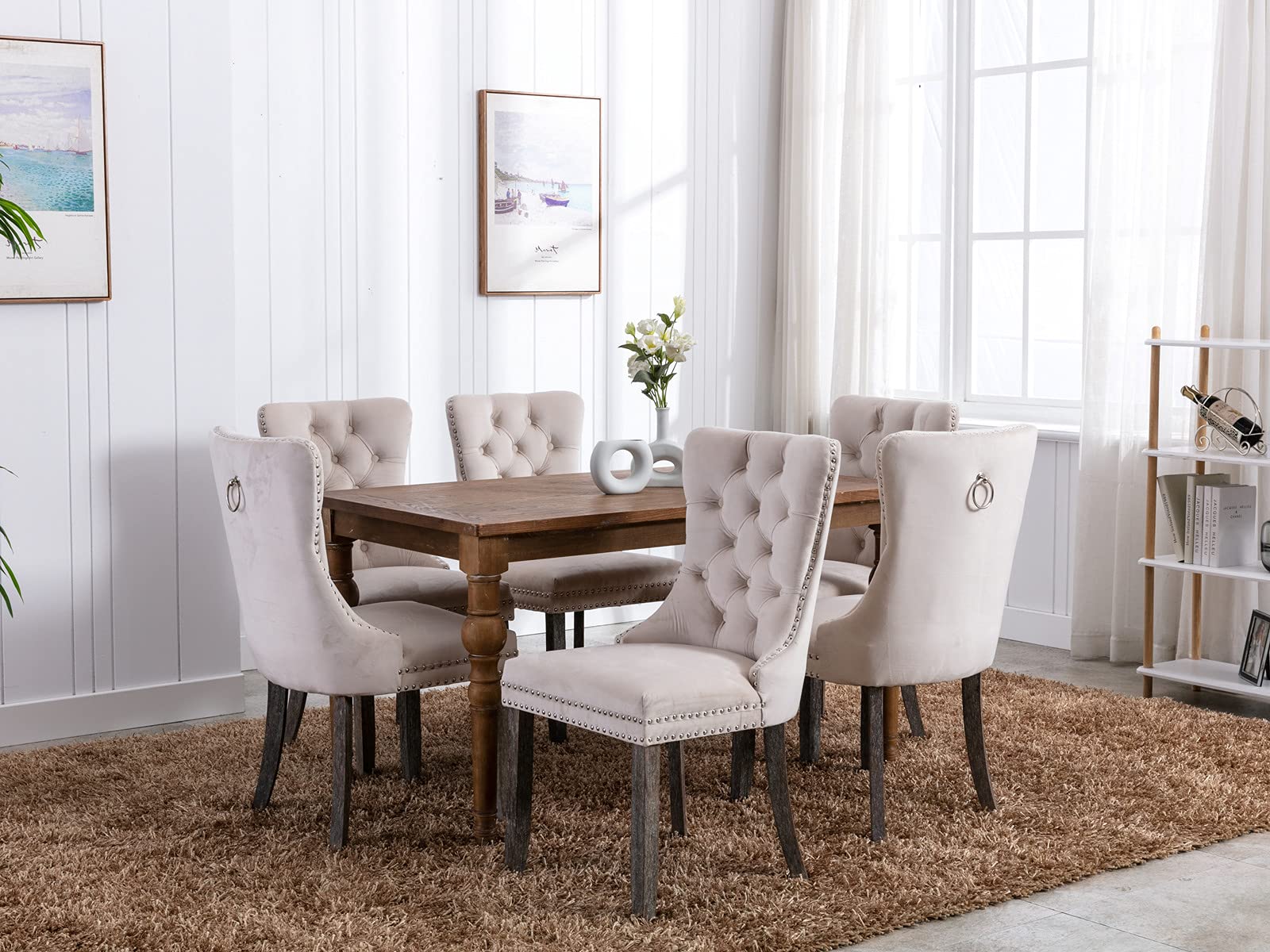 2 Pack Velvet Upholstered Dining Chairs - Solid Wood Tufted Back with Nailhead Trim & Ring Pull - Comfortable Padded Seating for Kitchen, Dining Room & Living Room - Elegant Beige Home Decor (Perfect for Small Spaces & Apartment Dining)