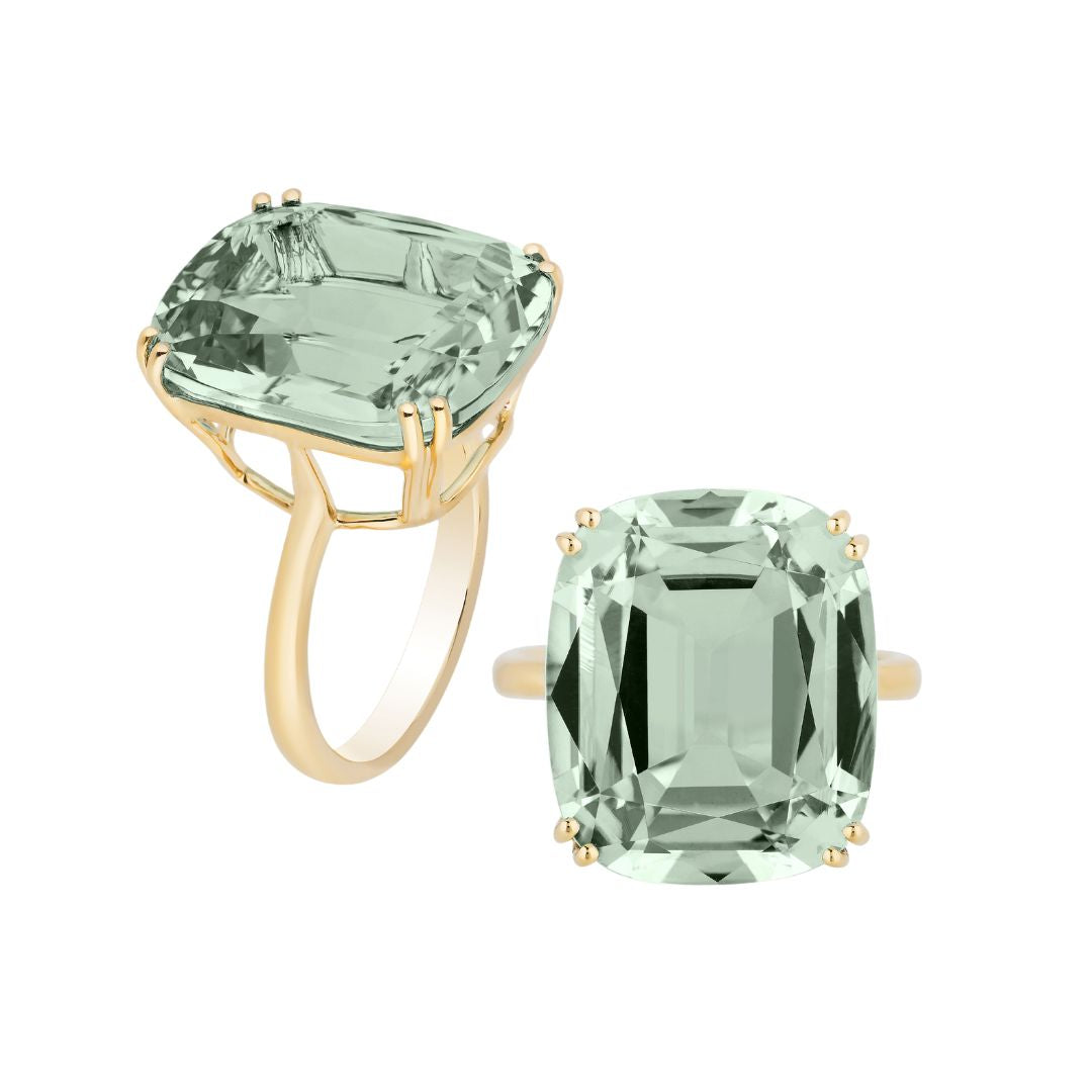 Goshwara 18K Yellow Gold Prasiolite Cushion Cut Ring for Women - Elegant Jewelry Gift for Engagement, Anniversary & Special Occasions