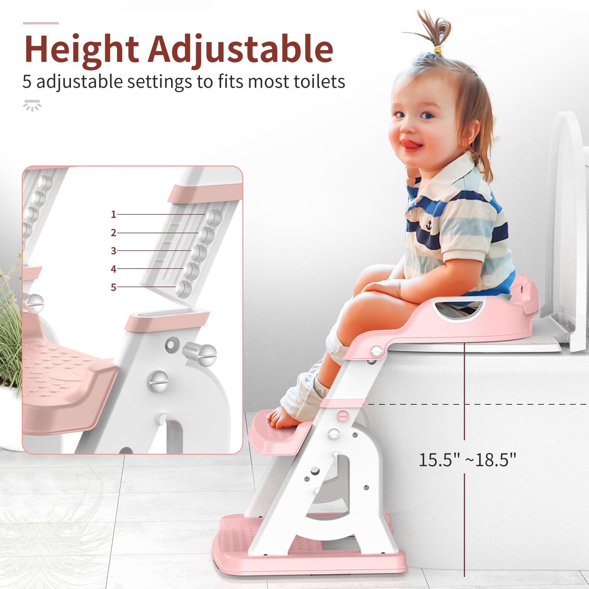 2 in 1 Potty Training Seat for Toddlers - Adjustable Toilet Trainer with Splash Guard, Anti-Slip Pad & Step Stool for Boys & Girls (Pink) | Easy Transition from Diapers to Potty for Home & Travel Use