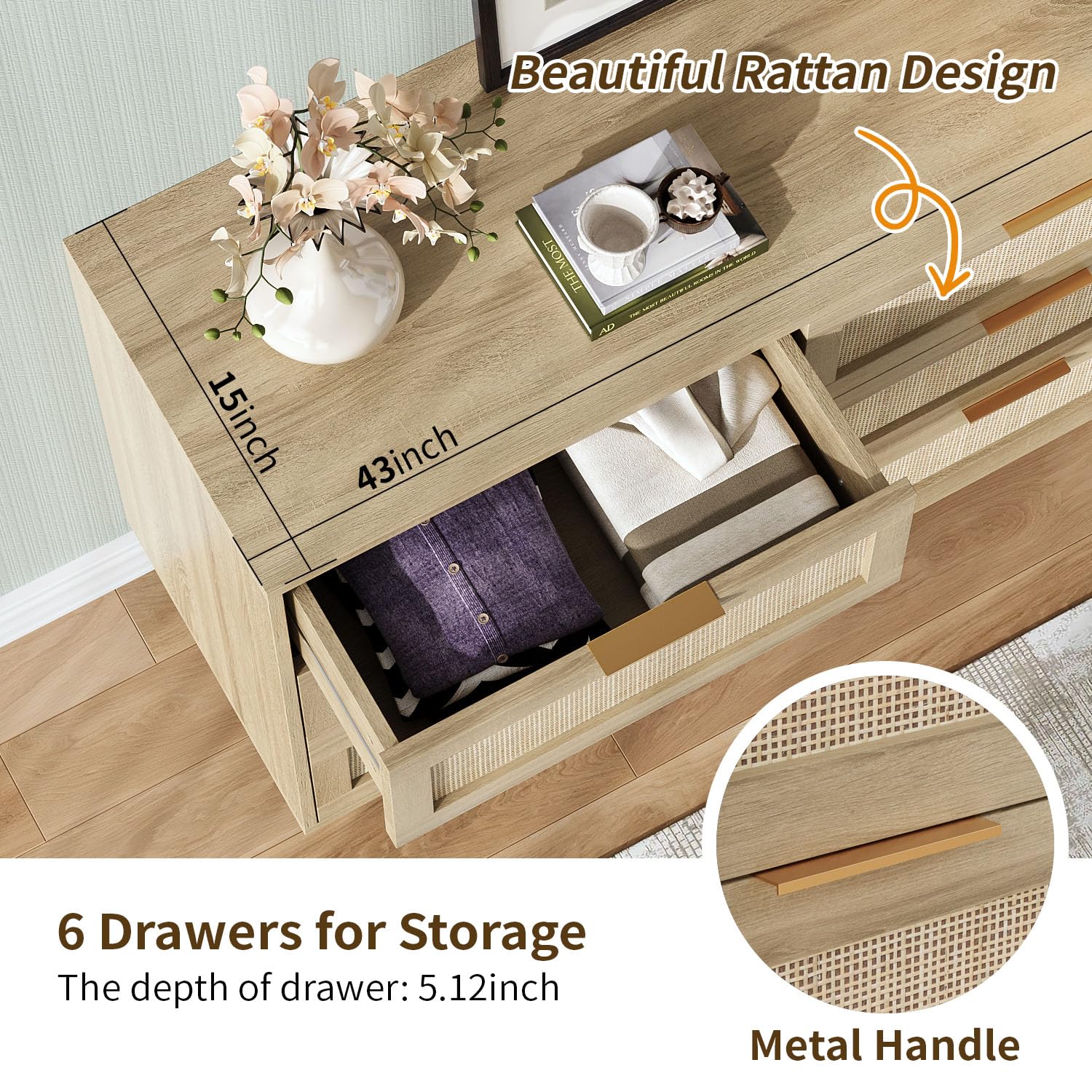 Angel Sar Rattan 6-Drawer Wide Dresser for Bedroom - Boho Farmhouse Chest of Drawers with Metal Handles & Wood Legs - 43