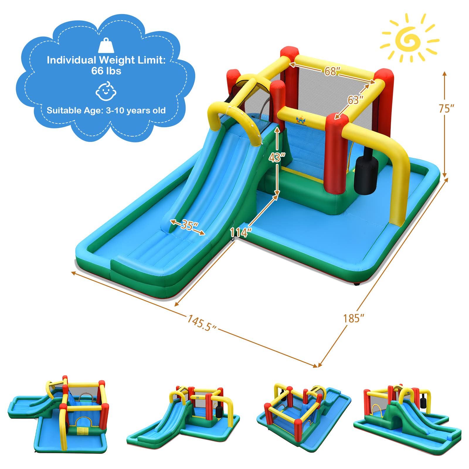 **HONEY JOY 6-in-1 Inflatable Water Slide Park with Splash Pool & Pendulum - Giant Bounce House for Kids & Adults - Outdoor Blow Up Water Slides with 735W Blower - Perfect for Backyard Parties, Summer Fun, and Family Gatherings**