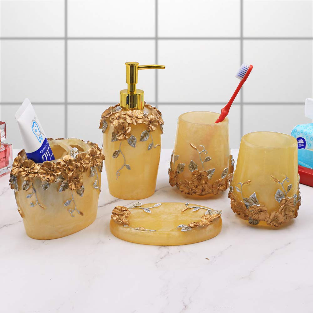 Vintage Pink 5-Piece Bathroom Accessories Set - Soap Dispenser, Toothbrush Holder, Tumbler & Soap Dish - Elegant Bathroom Decor for Home, Hotel, or Gift (Yellow) | Perfect for Modern Bathrooms, Housewarming, and Wedding Gifts