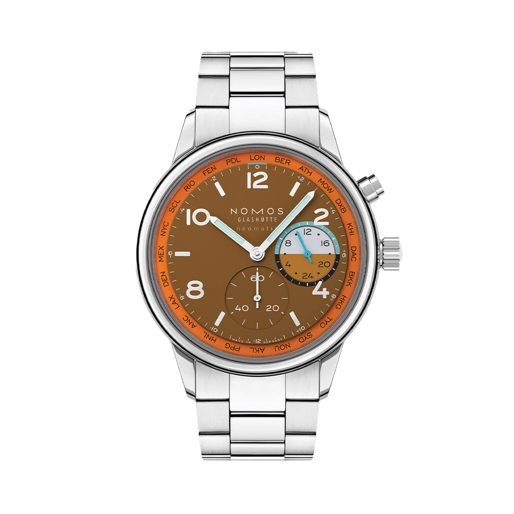 NOMOS Club Sport Neomatik Worldtimer Limited Edition 40mm Watch - Canyon Dial with Stainless Steel Bracelet | Luxury Travel & Business Timepiece