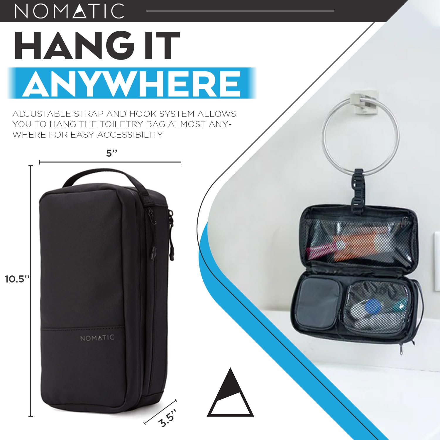 NOMATIC Large Travel Toiletry Bag V2 - Waterproof Hanging Organizer for Toiletries & Makeup - Perfect for Airplane, Camping & Gym Essentials (Black)
