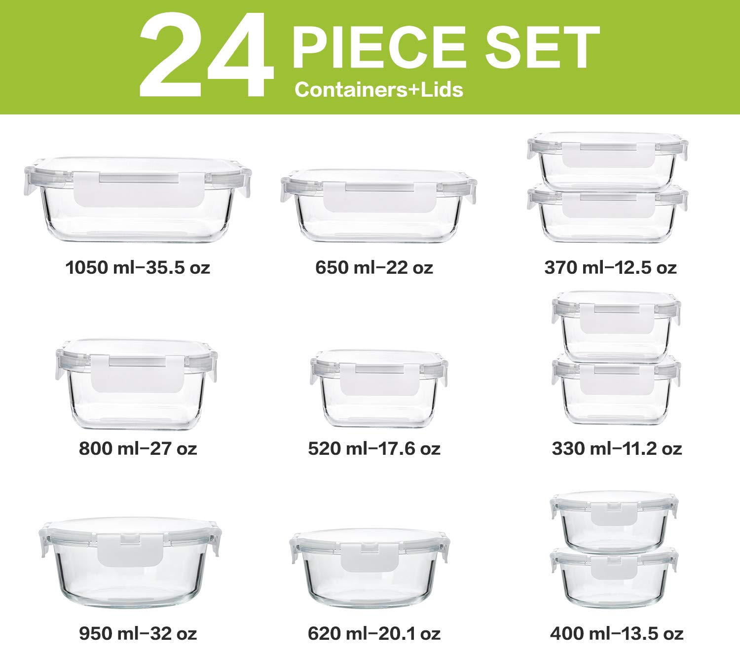 24-Piece Glass Food Storage Containers Set with Airtight Snap Locking Lids - BPA-Free Meal Prep Containers for Lunch, Leftovers & Meal Planning | Microwave, Oven, Freezer & Dishwasher Safe | Perfect for Home, Office & Picnics (White)