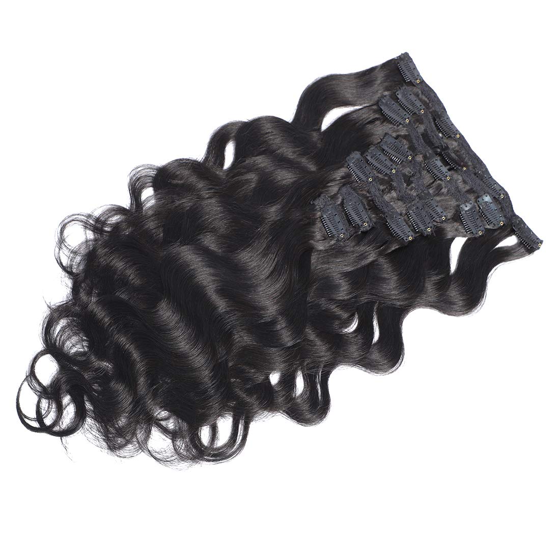 Clip-in Human Hair Extensions 1-Piece Water Wave Brazilian Body Wave 100% Unprocessed Natural Black Hair (20 Inch) - 8-Piece Set with 18 Clips (135g) for Volume & Length - Perfect for Parties, Weddings & Daily Styling