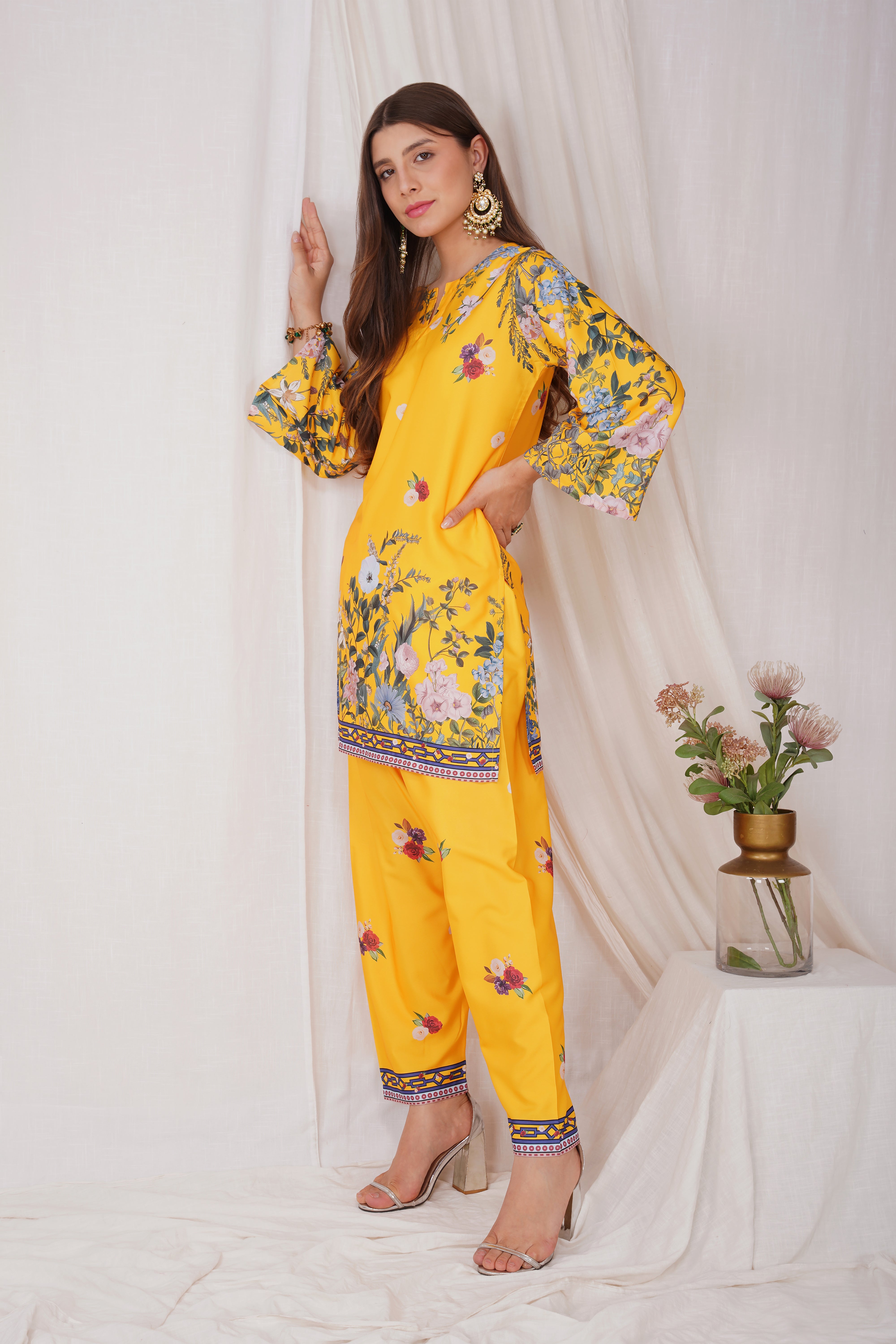 Printkari Poly Muslin Co-Ord Set in Yellow | Stylish Women's Ethnic Wear for Festivals & Parties | Perfect for Diwali, Weddings & Special Occasions