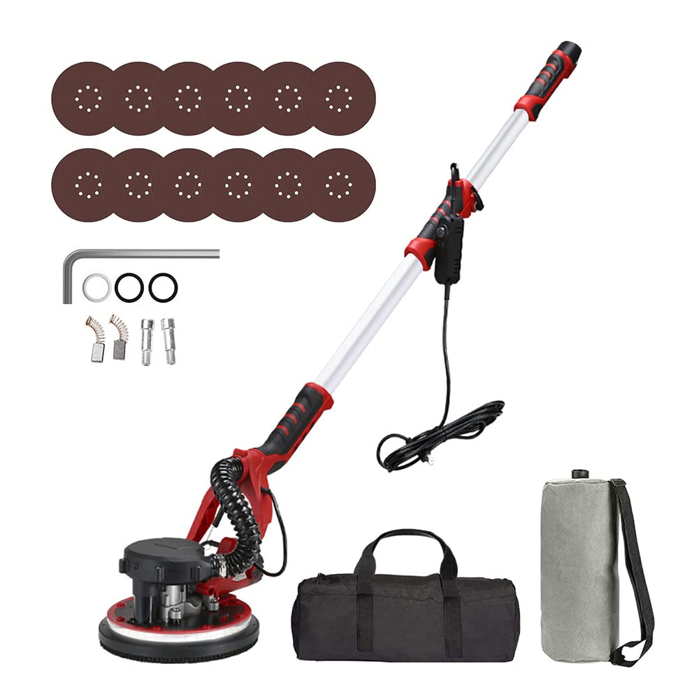 1250W Electric Drywall Sander with Dust-Free Vacuum System - 5 Variable Speed, Double-Deck LED Lights, Includes 12 Sanding Discs - Perfect for Home Renovation, Wall Repair & Professional Construction Projects