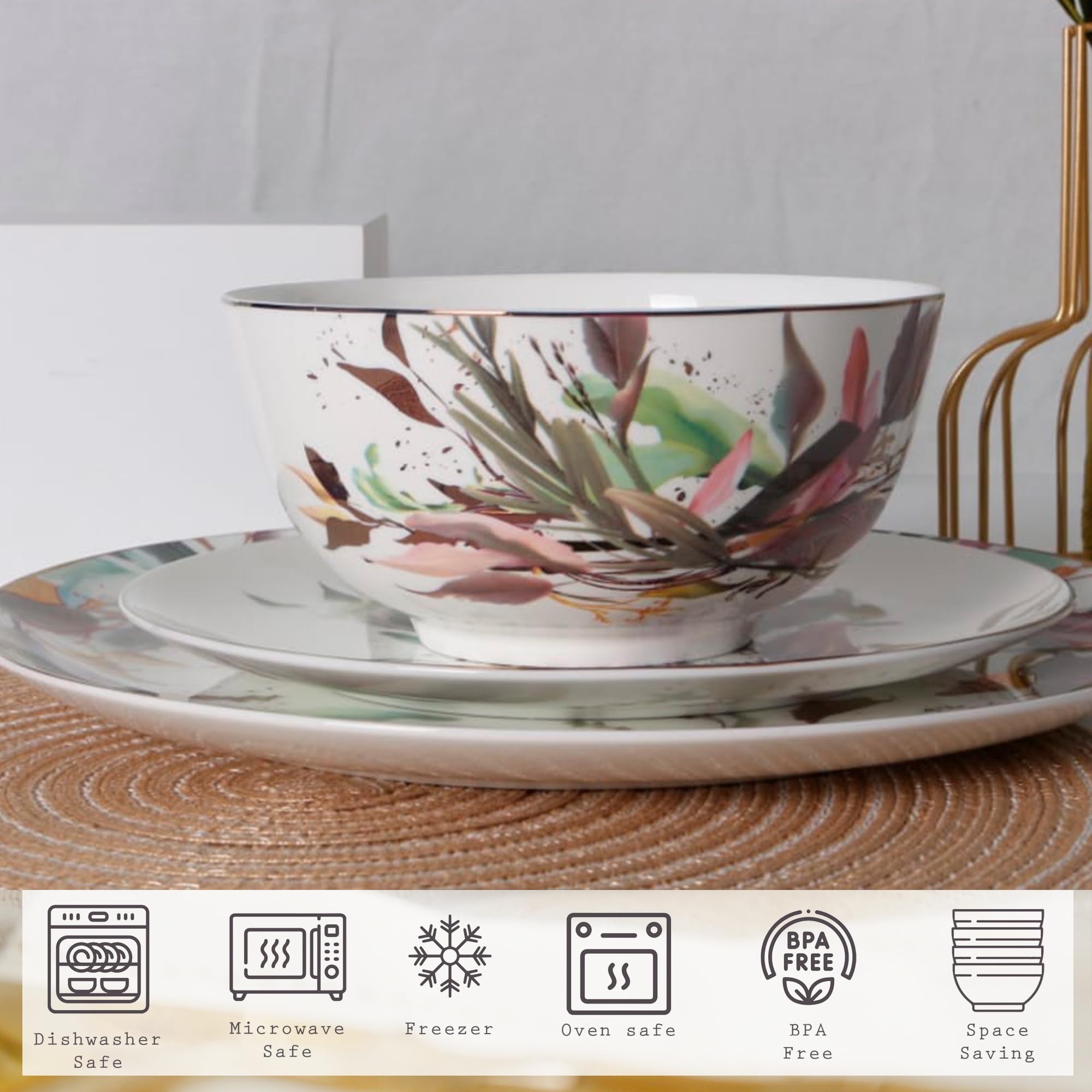 Elegant Pink & Gold 16-Piece Ceramic Dinnerware Set for 4 - Includes Dinner Plates, Salad Plates, Dessert Plates & Cereal Bowls - Microwave Safe Bone China - Perfect for Family Meals, Dinner Parties & Everyday Use by KOKEN