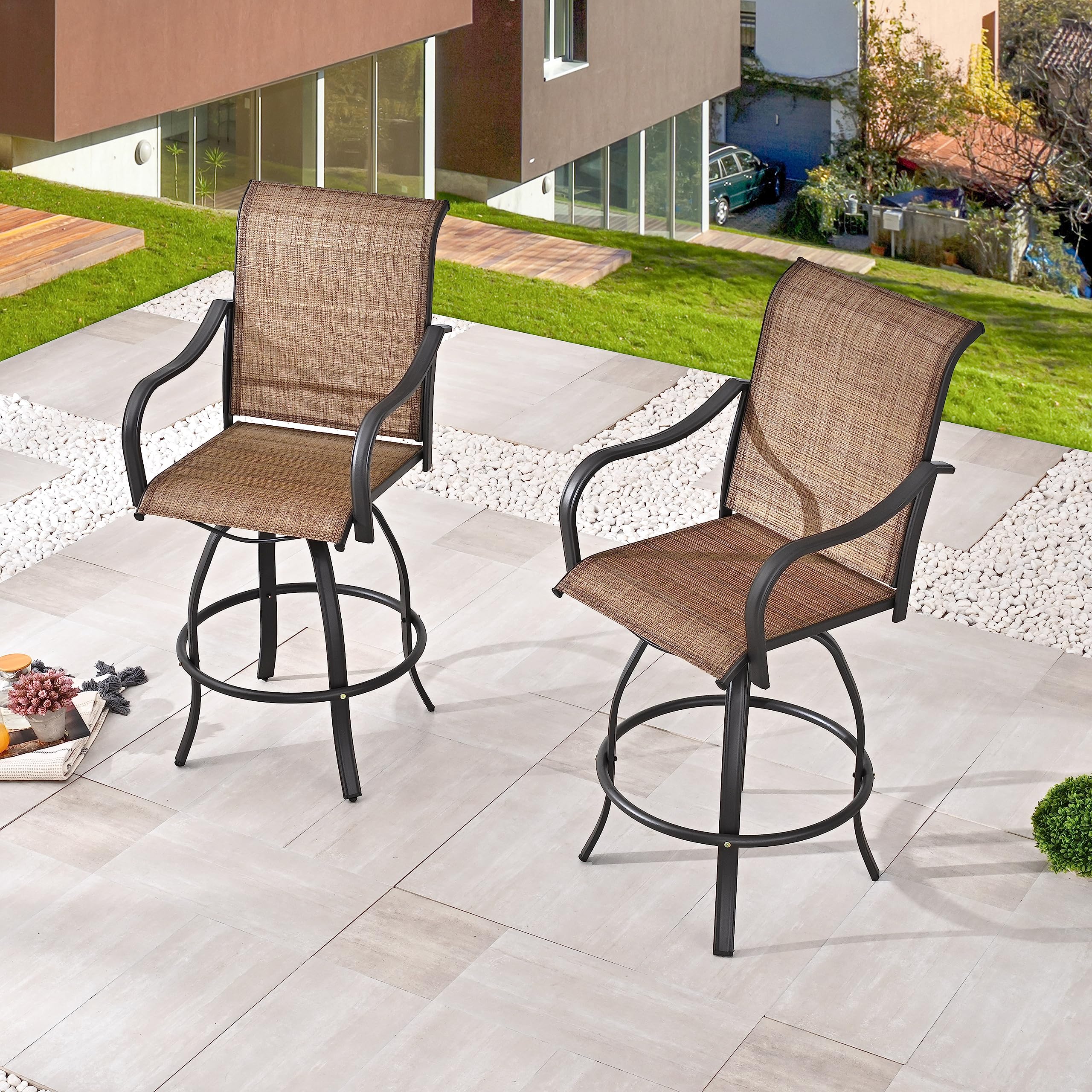 PatioFestival 9-Piece Outdoor Swivel Bar Stool Set with 3 Glass Top Tables - All-Weather Bistro Height Dining Chairs for Patio, Deck, Garden & Backyard (Brown) - Perfect for Outdoor Entertaining, BBQs & Poolside Relaxation