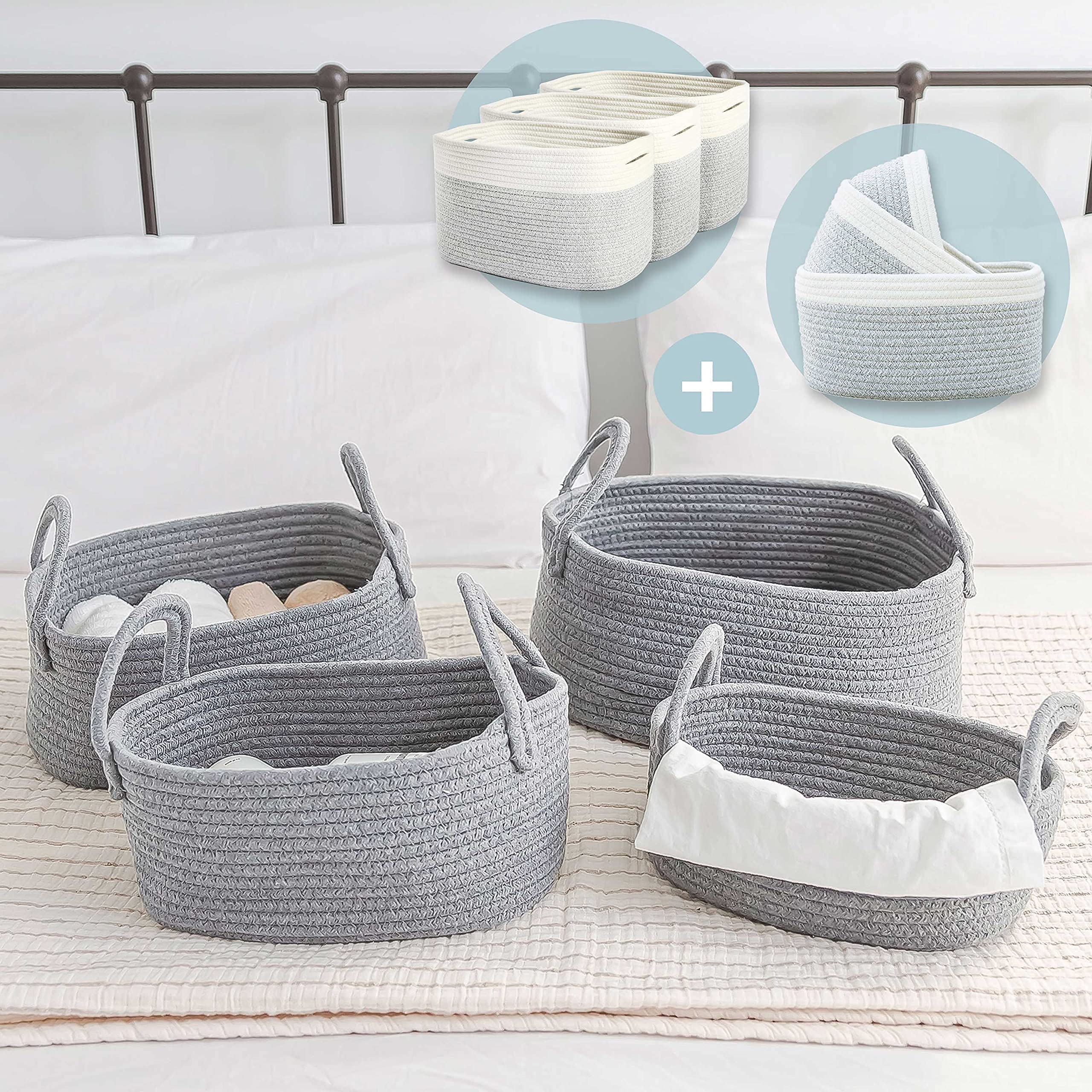 OrganiHaus 4-Piece Storage Baskets, 3-Piece Shelf Cube Baskets & 3-Piece Nursery Baskets Set - Gray Woven Baskets for Home Organization, Closet, Bathroom & Nursery Storage