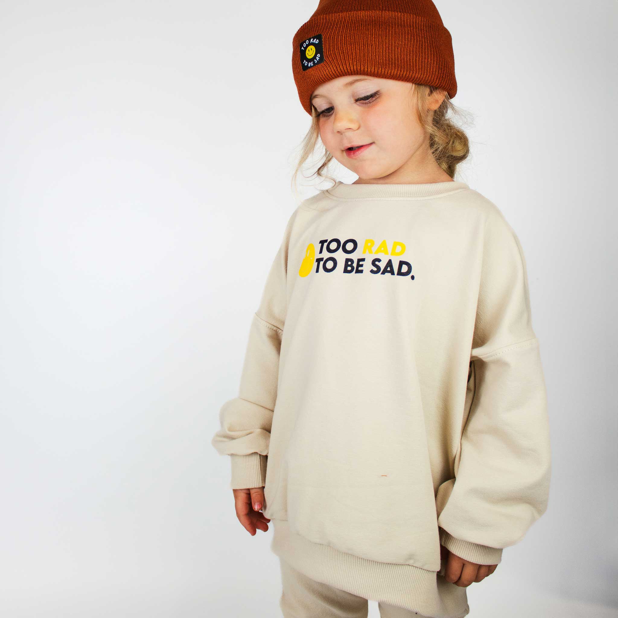 Organic 'Too Rad To Be Sad' Crew Neck Sweatshirt - Soft Unisex Pullover for Casual Wear & Street Style