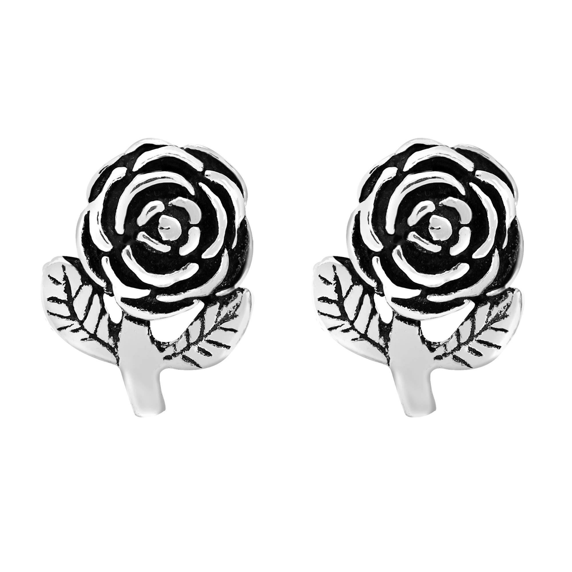 AeraVida Blooming Rose Stem Sterling Silver Post Stud Earrings for Women - Minimalist Rose Flower Jewelry Gift for Daughter, Girlfriend, Wife - Perfect for Weddings, Date Nights, Office Wear & Everyday Elegance