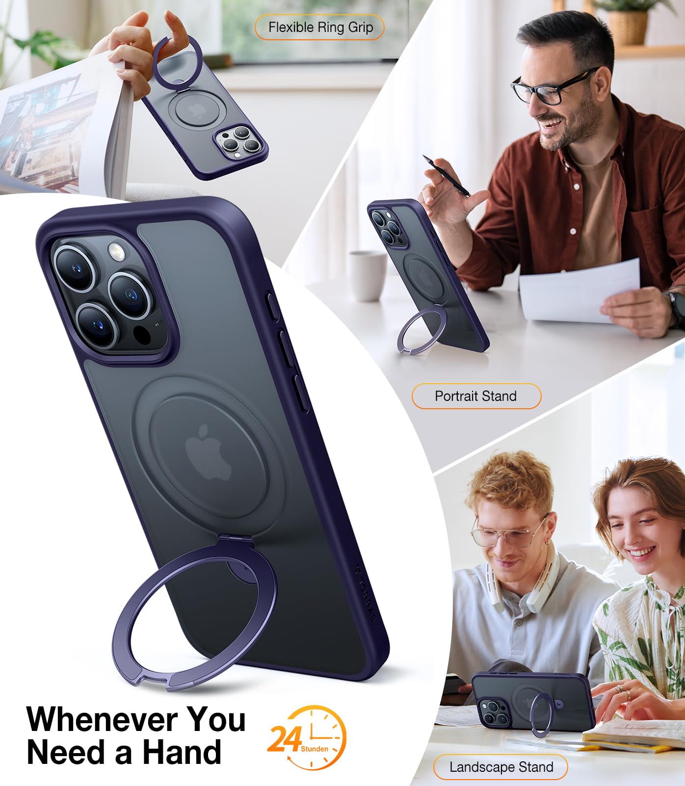 TORRAS Magnetic Stand Case for iPhone 15 Pro Max - Military Grade Drop Protection | MagSafe Compatible | Built-in Kickstand | Translucent Hard Back with Soft Edges | Anti-Fingerprint Purple - Perfect for Work, Travel & Everyday Use