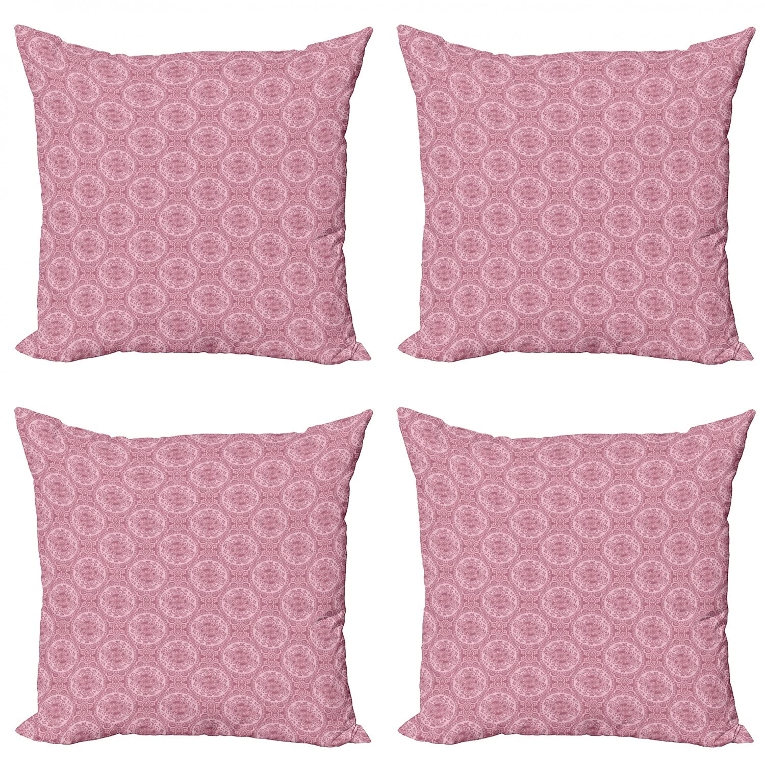 Ambesonne Damask Throw Pillow Covers Set of 4 - Modern Monochrome Floral & Geometric Print, Double-Sided Digital Printing, 24 Inch Square Decorative Cushion Cases (Dried Rose/Rose) - Perfect for Sofa, Bed, Living Room & Home Decor