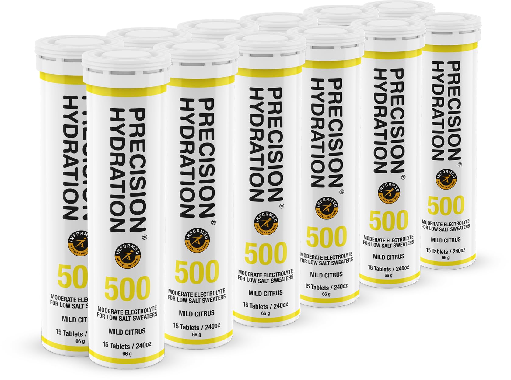 Precision Hydration Electrolyte Tablets - Multi-Strength Effervescent Hydration Tablets for Athletes - Combat Muscle Cramps - Low Calorie, Gluten Free, Vegan Friendly Electrolyte Supplement (12 Tubes, 500mg/L - Yellow Tube) - Perfect for Running, Cycling & Workout Recovery