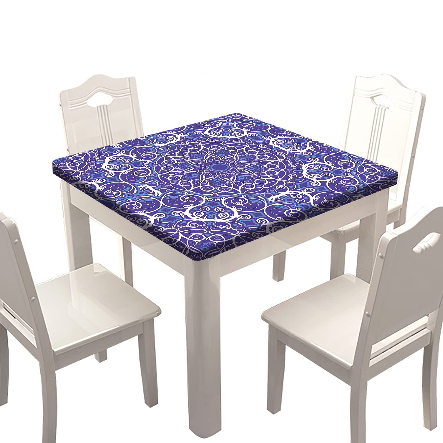Mandala Purple Floral Elastic Edge Square Tablecloth – Washable & Erasable Polyester Table Cover for 42x42 Inch Tables – Perfect for Living Room, Garden, Patio & Family Dining Decor