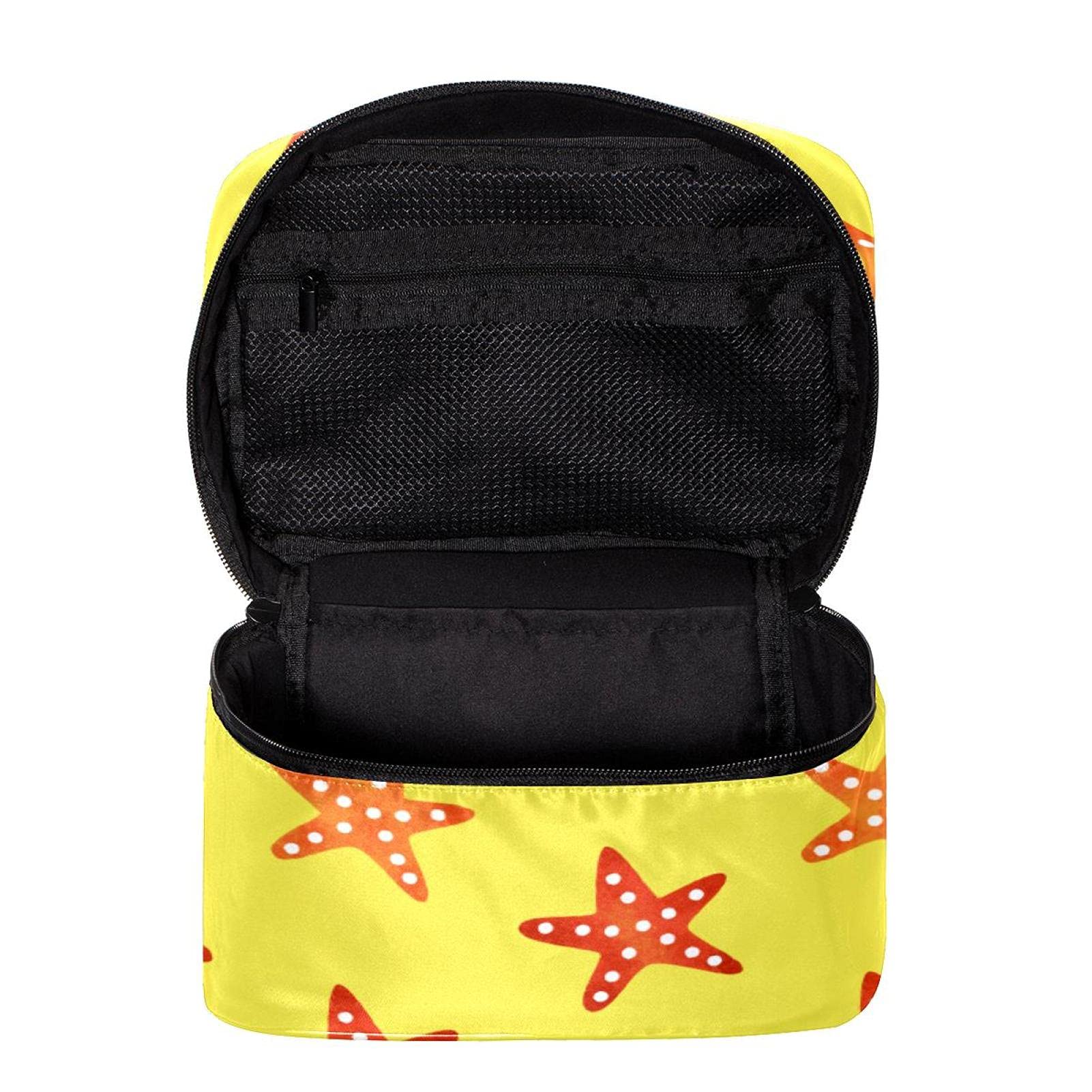 Yellow Starfish Pattern Large Travel Makeup Bag - Waterproof Cosmetic Organizer with Zipper for Women & Girls - Perfect for Beach Trips, Vacations & Daily Makeup Storage