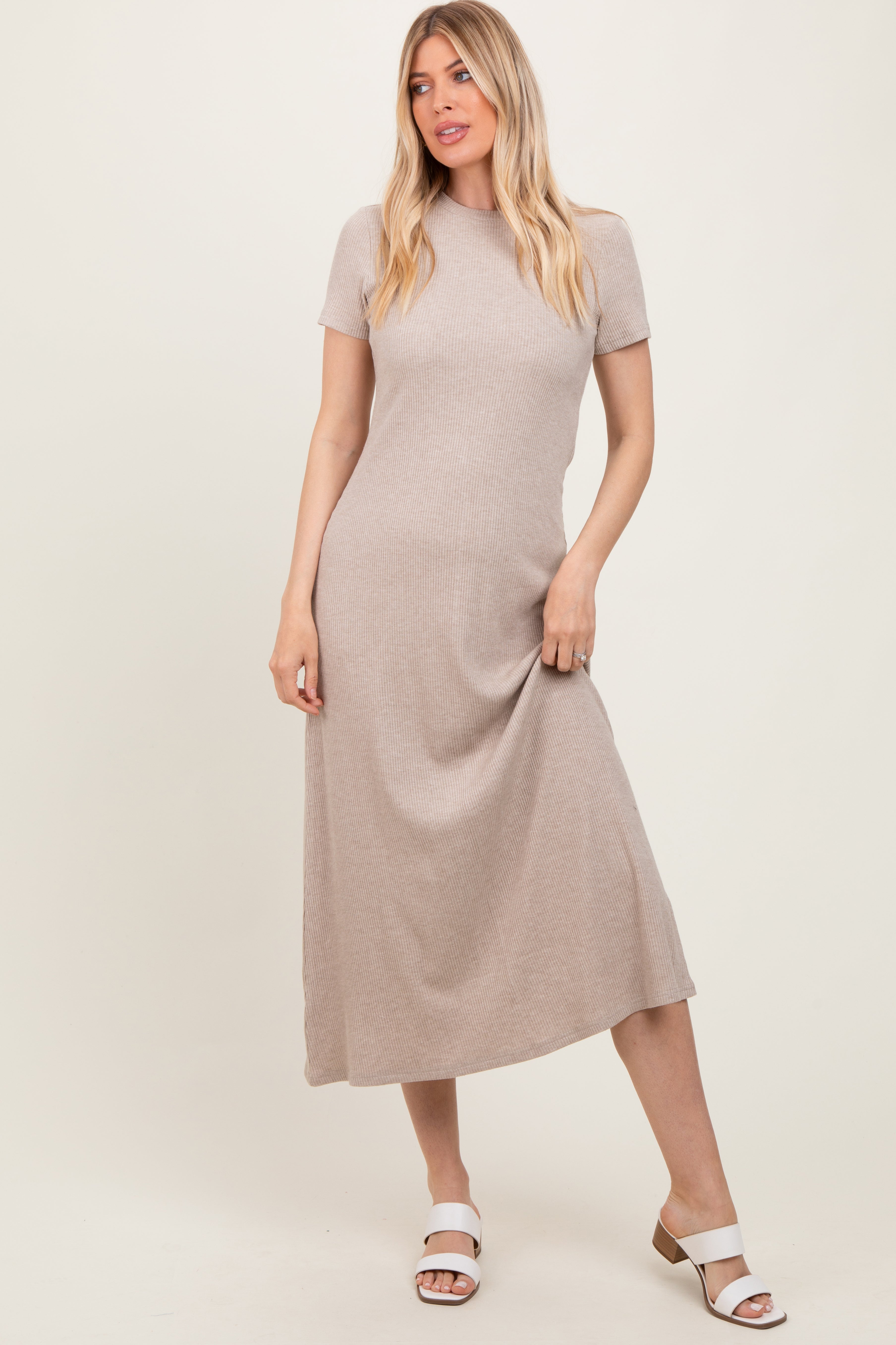 Beige Ribbed Short Sleeve Midi Dress for Women - Summer Casual Bodycon Stretch Knit Dress - Perfect for Beach, Date Night & Office Wear
