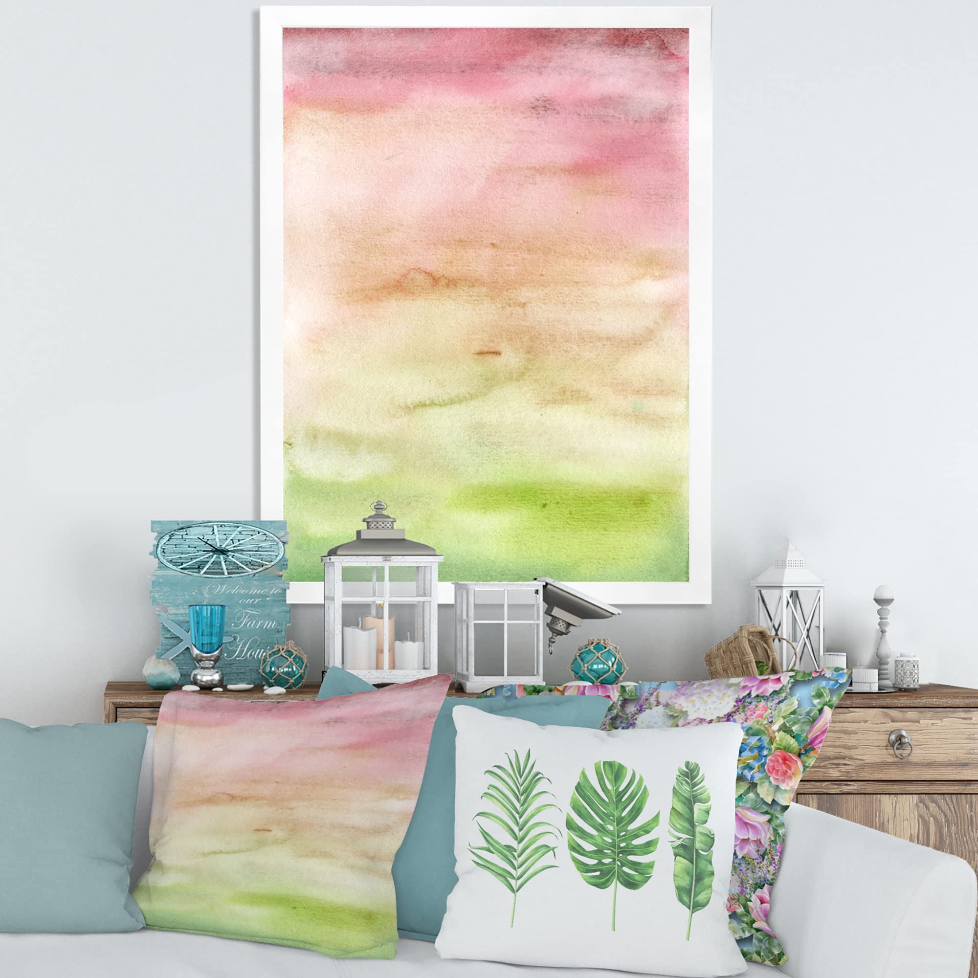 Abstract Sunset Wall Art - Pink, Beige & Green Modern Framed Canvas Painting for Living Room, Bedroom & Office Decor | Home & Interior Design