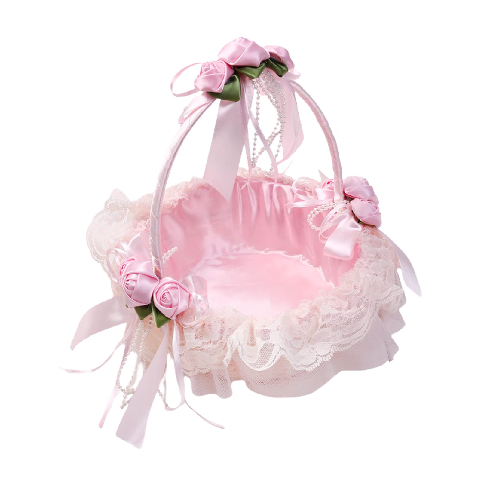 HLTER 2PCS Pink Romantic Wedding Flower Lace Ribbon Baskets with Fake Pearl Decor - Elegant Flower Girl Basket with Handle for Wedding Party Supplies (22x22x22cm) | Perfect for Bridal Showers, Wedding Aisle Decor & Flower Petal Storage