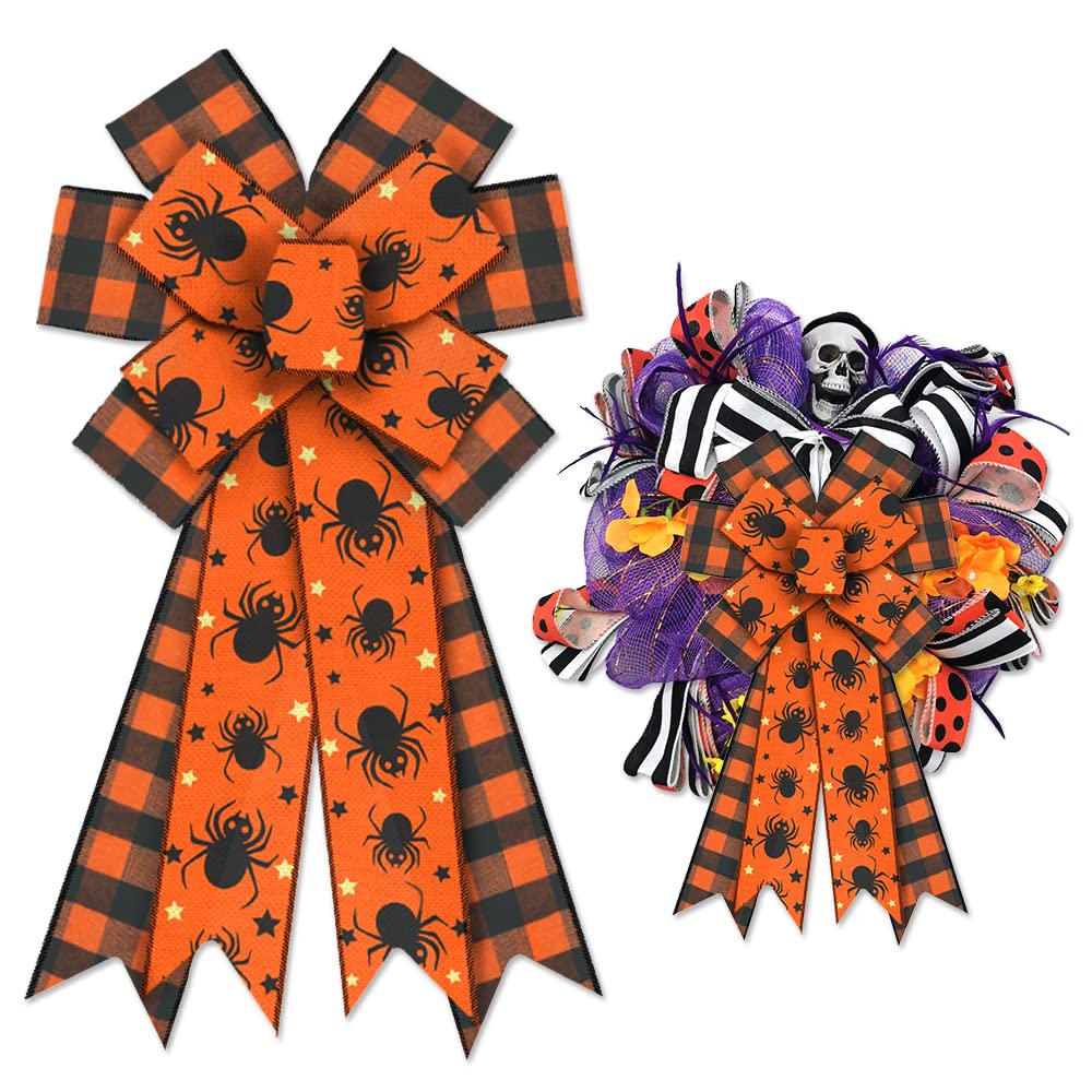 Halloween Wreath Bows - Large Black Orange Buffalo Plaid Bows for Front Door Decor, Spider-Themed Tree Topper Bows for Indoor & Outdoor Halloween Decoration | Perfect for Wreaths, Doors, Mantels & Party Decorations