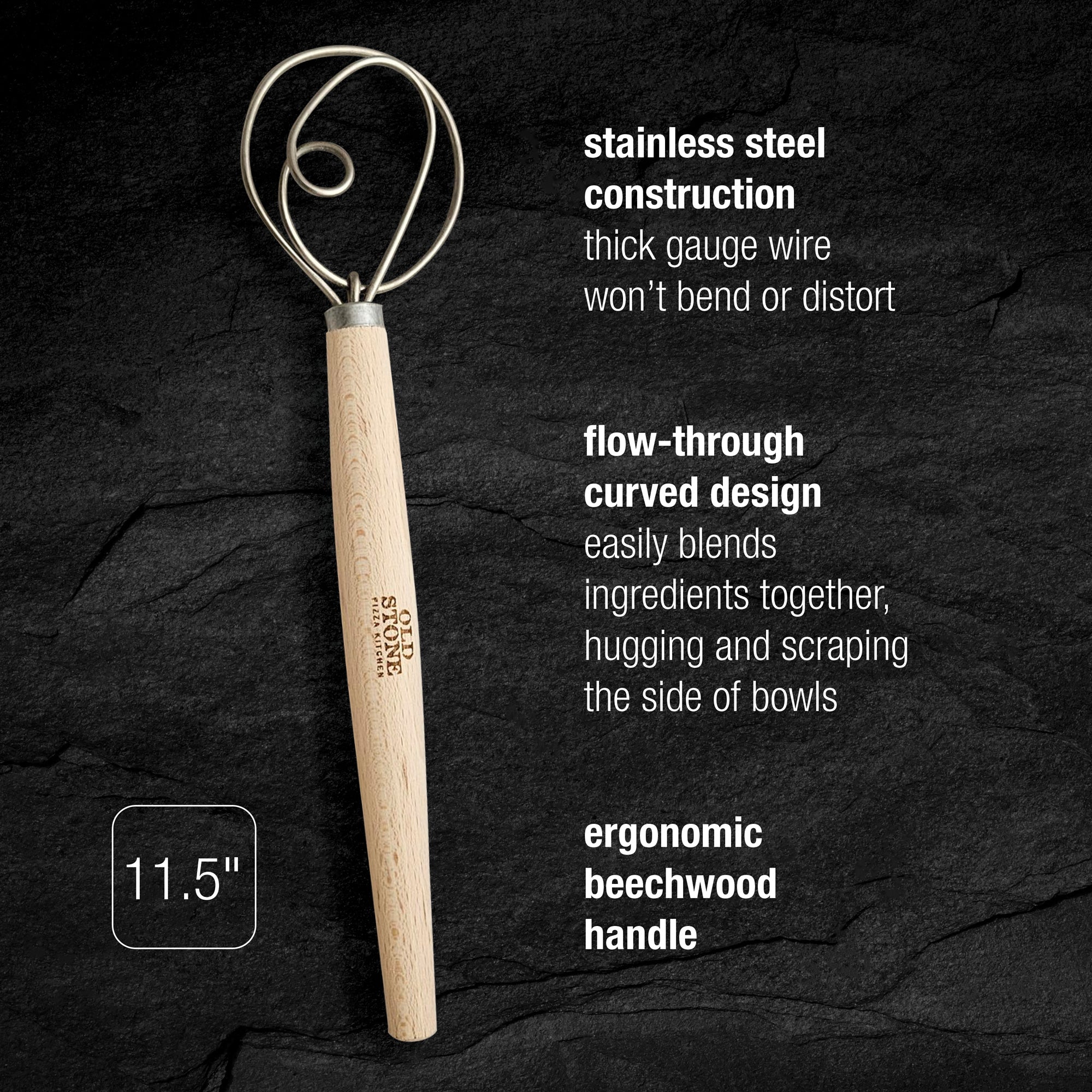 11.5 Inch Stainless Steel Dough Whisk - Heavy Duty Kitchen Mixing Tool for Bread, Pizza & Pastry Dough - Perfect for Baking, Cooking & Meal Prep