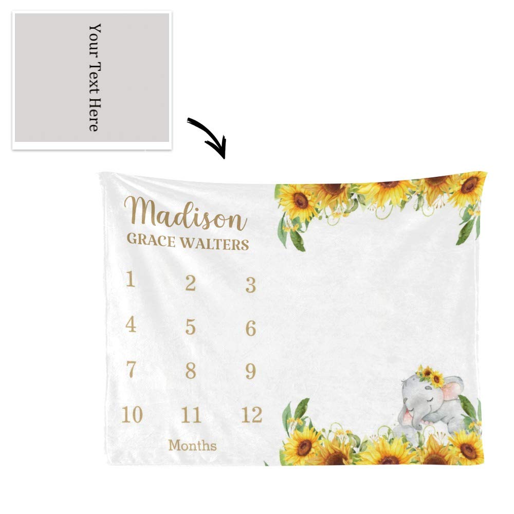 Personalized Baby Blanket with Elephant & Sunflower Design - Custom Name Swaddle Blanket for Newborns (30x40 Inches) | Perfect for Monthly Milestone Photos, Nursery Decor & Baby Shower Gifts