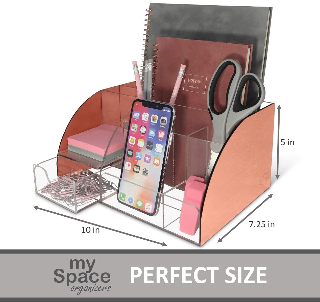 Rose Gold Acrylic Desk Organizer with 9 Compartments & Drawer - Pen Holder & Office Supplies Storage - Stylish Desktop Organization for Home & Office Workspace