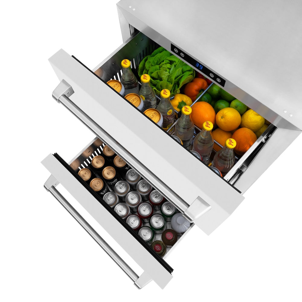 ZLINE 24 Inch Touchstone 168 Can Outdoor Rated Dual Refrigerator Drawer with White Matte Doors - Outdoor Kitchen, Patio, Poolside & Entertainment Areas Refrigeration Solution (RDSO WM 24)