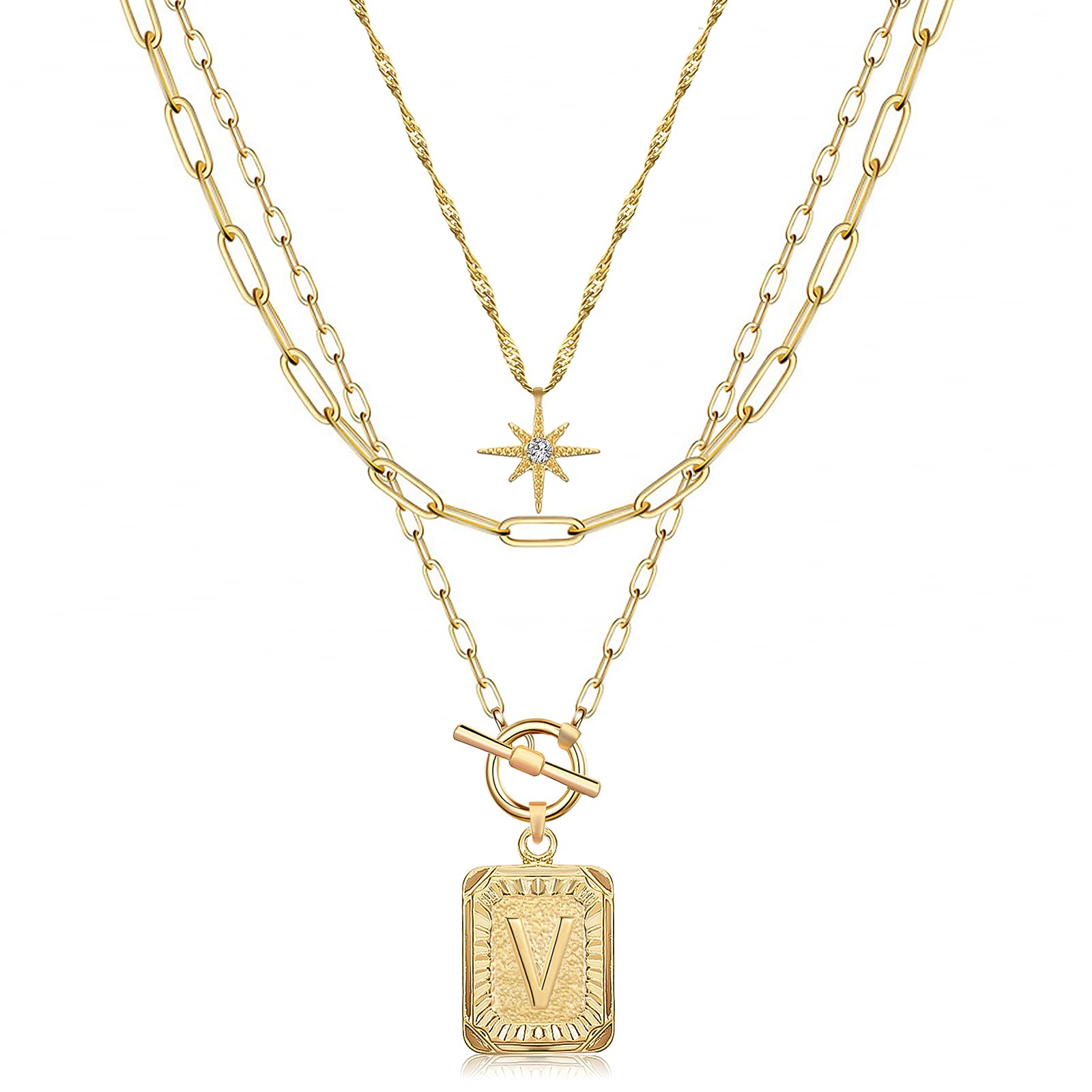 MJartoria 14K Gold Plated Initial Necklace for Women - Trendy Layered Star Choker with Square Letter Pendant & Paperclip Chain - Elegant Gold Jewelry Gift for Birthday, Anniversary & Everyday Wear