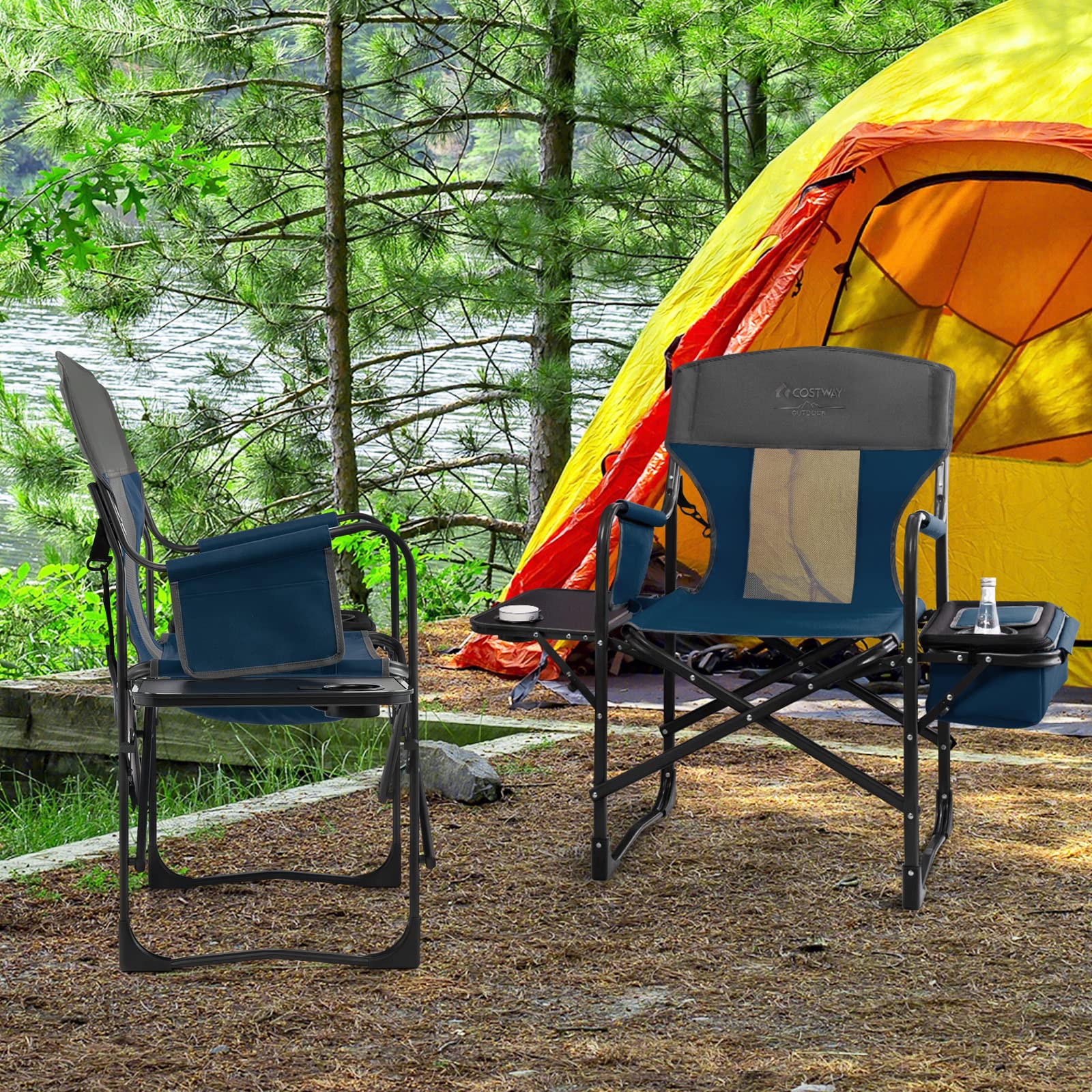 COSTWAY Heavy-Duty Folding Camping Chair with Side Table & Cooler Bag - 400lbs Capacity Portable Director Chair for Adults, Outdoor Fishing Picnic, Beach Party, and Camping Trips