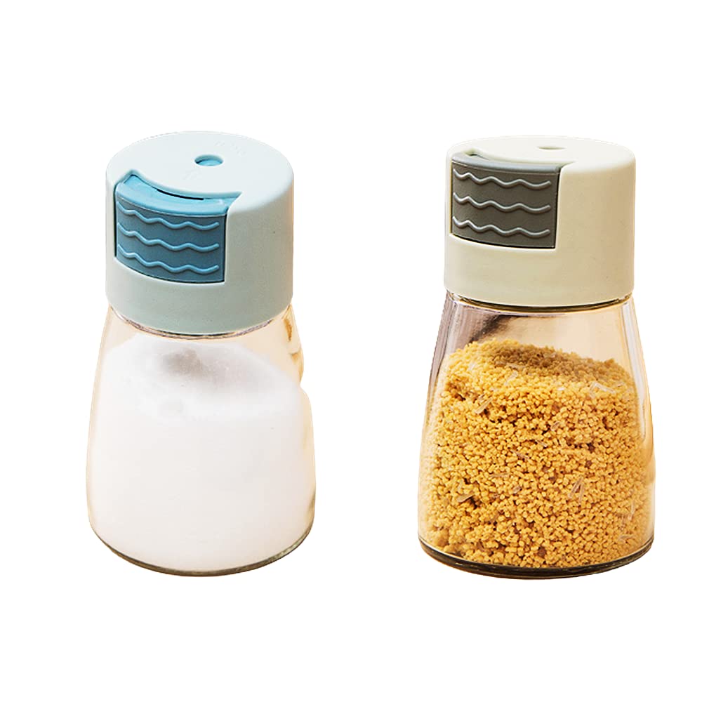 Premium Press-Type Salt and Pepper Shaker Set - Accurate Quantitative Dispenser for Kitchen, Dining Table & BBQ - Blue & Green Spice Containers for Cooking, Salad Seasoning, and Outdoor Grilling