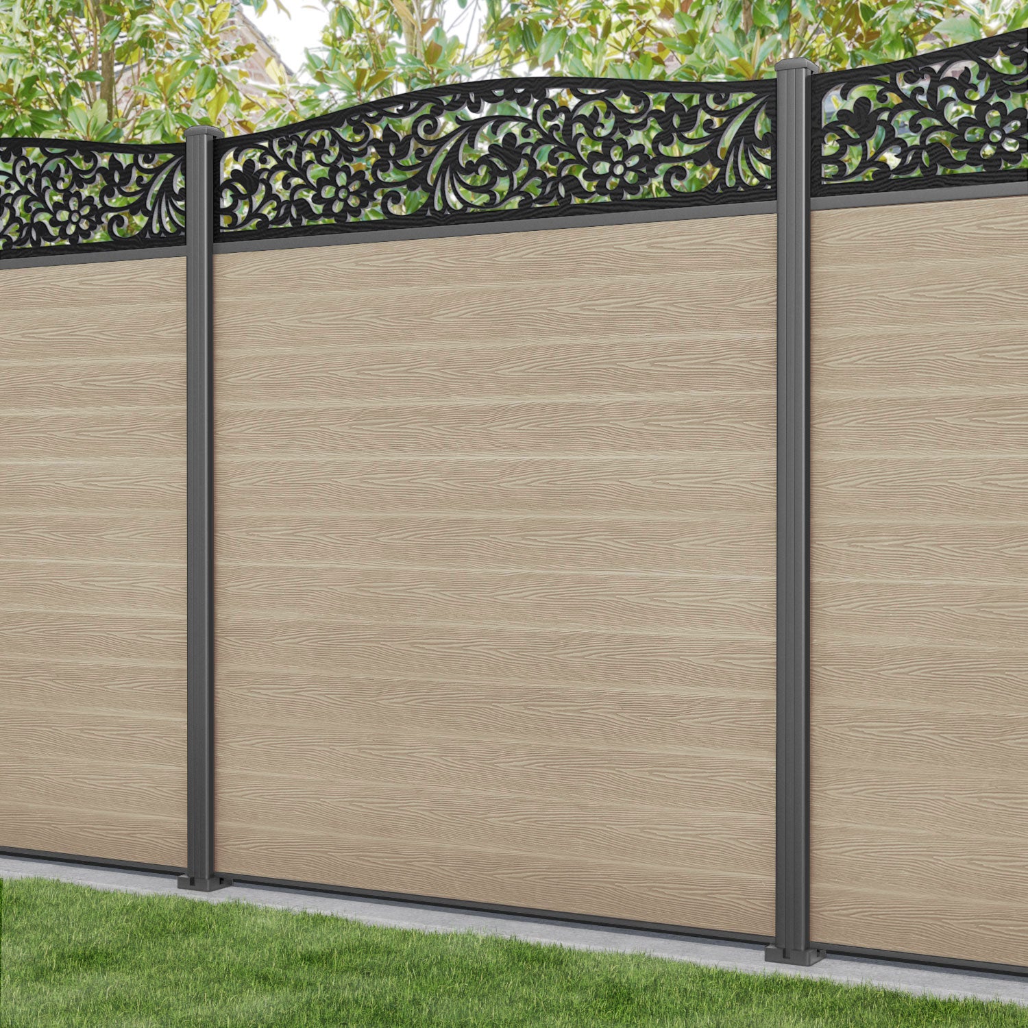 Classic Eden Curved Top Fence Panel - Light Oak Wood Privacy Fence with Aluminum Posts | Outdoor Garden, Yard, and Backyard Decoration & Security Solution