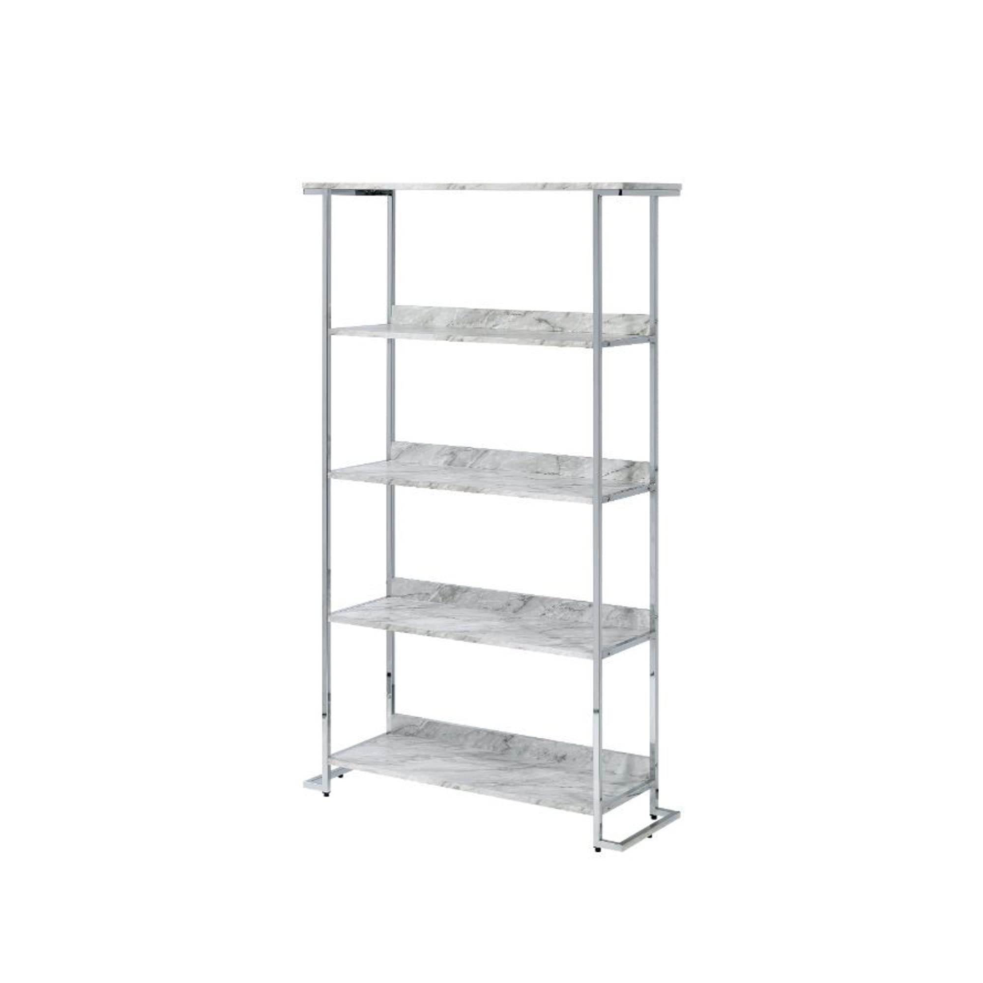 Ergode White Printed Faux Marble & Chrome Bookcase - Modern Bookshelf for Living Room, Office, or Bedroom Storage