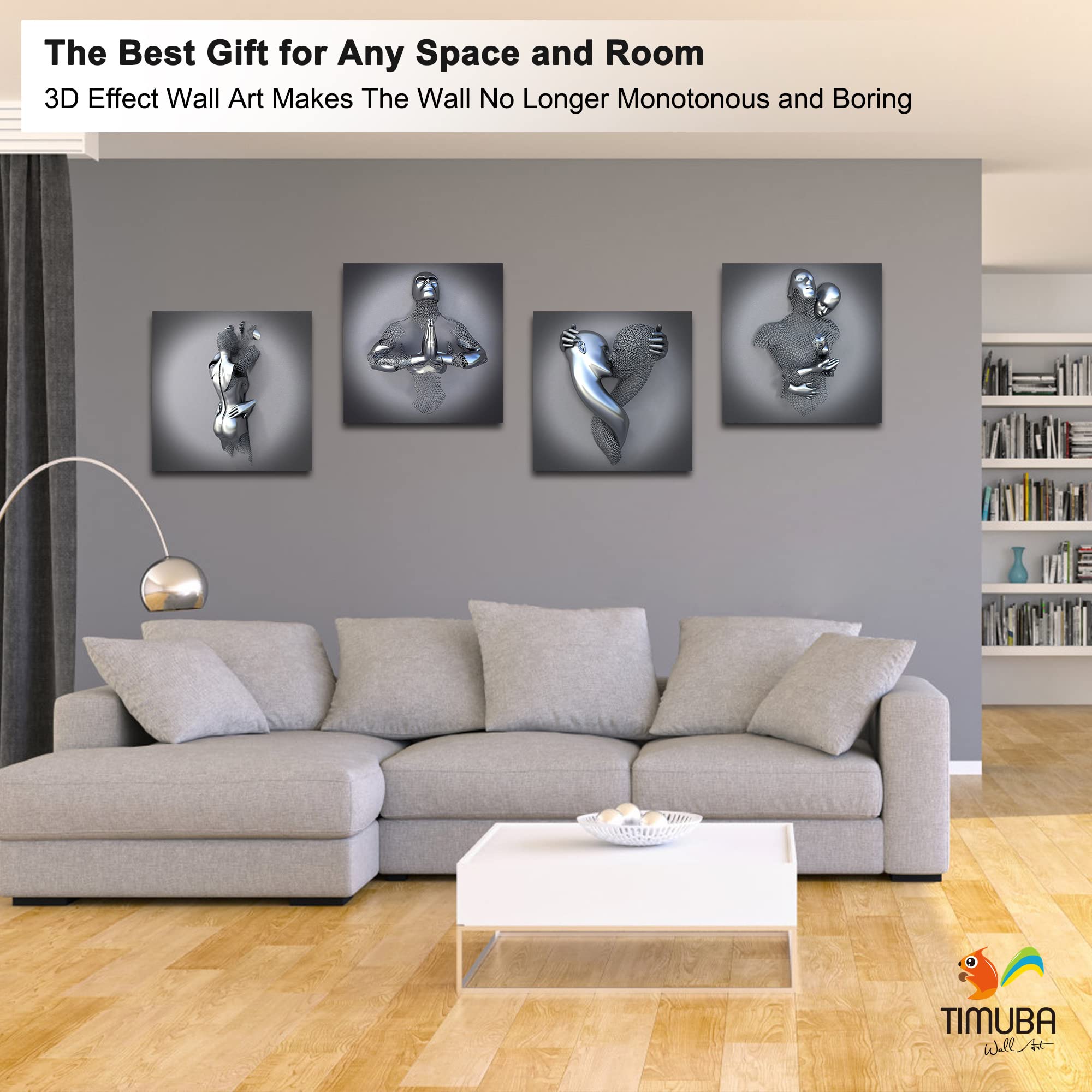 4 Piece Set 3D Canvas Wall Art - Love Heart Gray Modern Framed Painting, Hugging Couple & Kissing Design for Bedroom Decor, Home Gifts (20