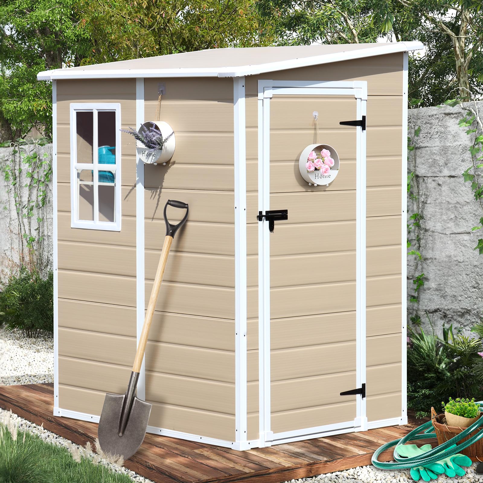 5x4 FT Waterproof Resin Outdoor Storage Shed with Floor, Window & Lockable Door - All-Weather Garden Tool Shed for Patio, Backyard & Lawn (Light Brown) - Perfect for Storing Gardening Tools, Lawn Equipment & Seasonal Decorations