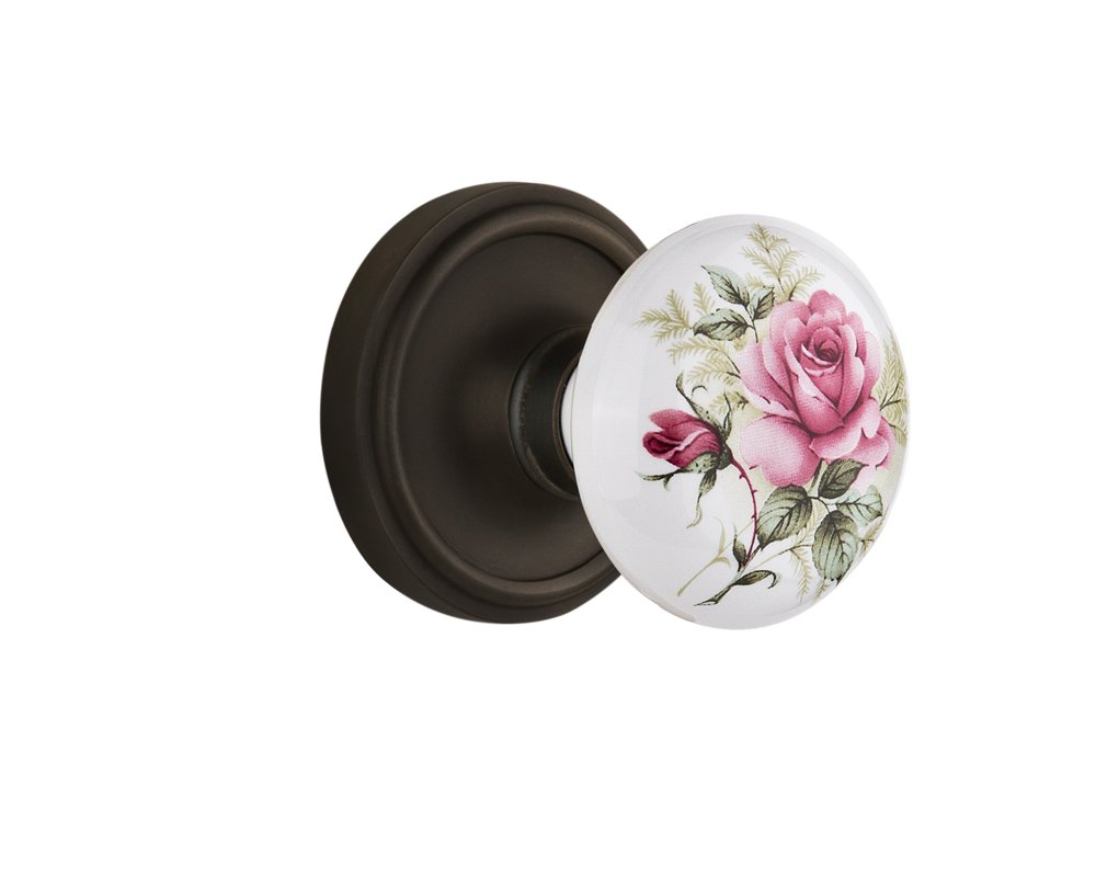 Vintage Oil Rubbed Bronze Classic Rosette with Rose Porcelain Door Knob - 2.375