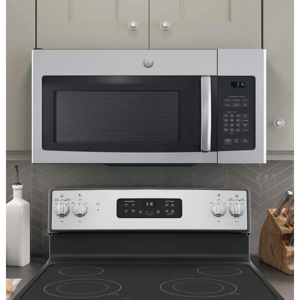 GE JNM3163RJSS 30 Inch Stainless Steel Over-the-Range Microwave - 1.6 Cu. Ft Capacity, Sensor Cooking & Ventilation System - Perfect for Kitchen Remodeling & Small Space Cooking