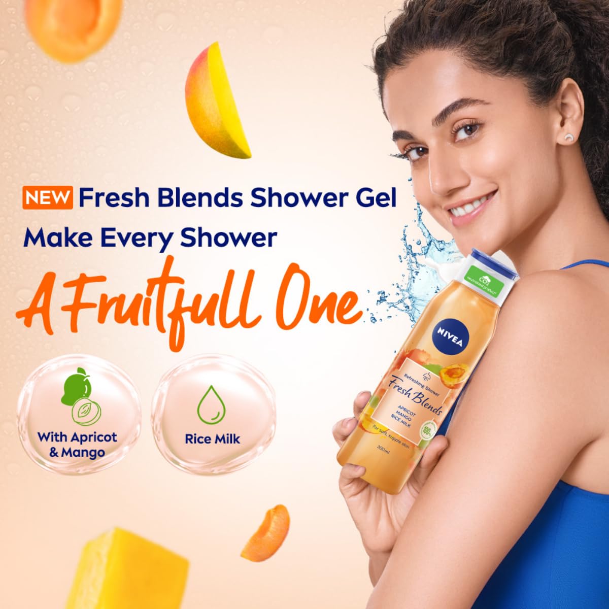Nivea Fresh Blends Apricot & Mango Vegan Body Wash with Natural Fruit Extracts & Rice Milk - 300ml Fruity Shower Gel for Women - Perfect for Daily Hydration & Refreshing Morning Showers