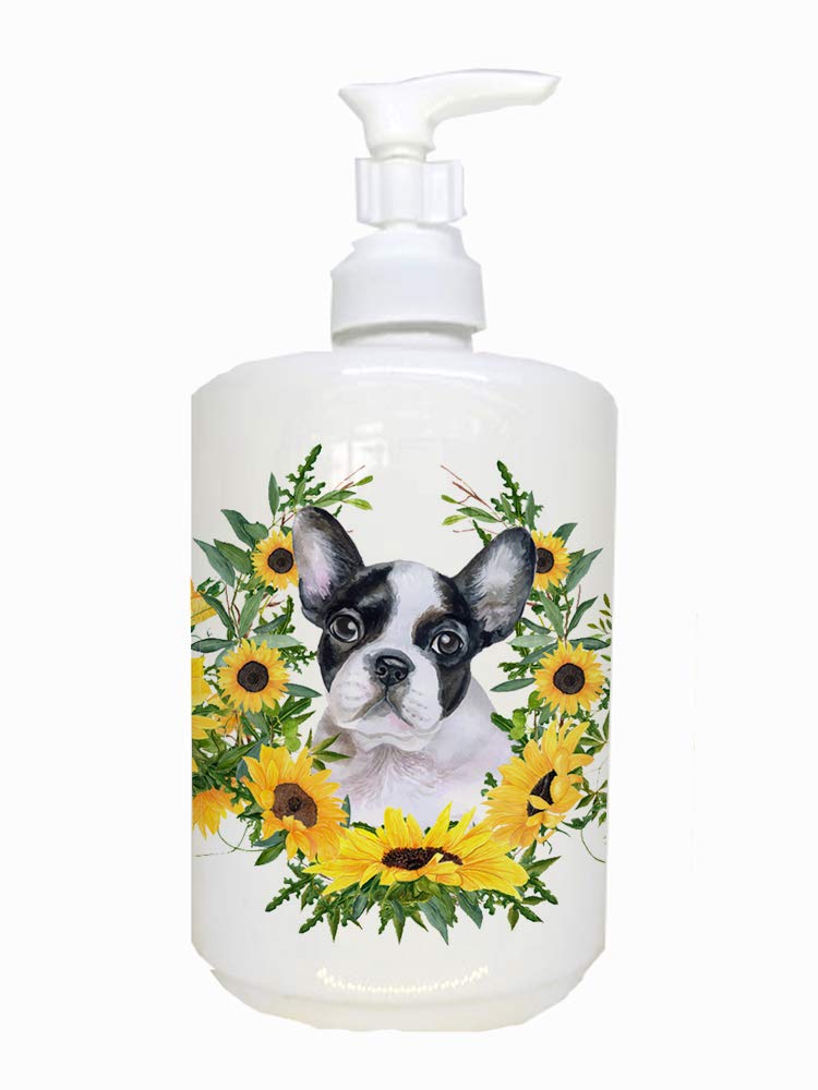 French Bulldog Black & White Sunflower Ceramic Soap Dispenser - Refillable Hand Soap Pump Bottle for Bathroom & Kitchen | Cute Home Decor, Farmhouse Style Gift Idea