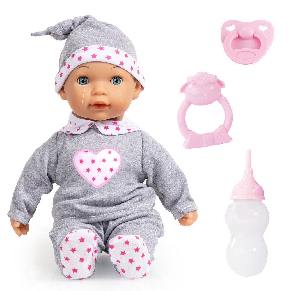 Bayer Design Interactive Tears Baby Doll - Grey, Pink, Hearts - Realistic Crying & Feeding Features for Pretend Play, Gift for Toddlers & Kids